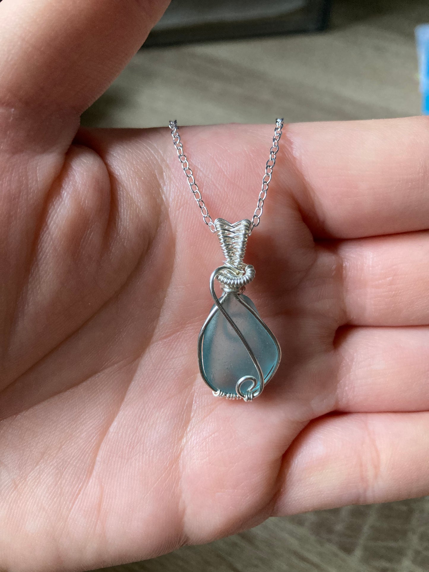 Light aquamarine sea glass silver plated necklace