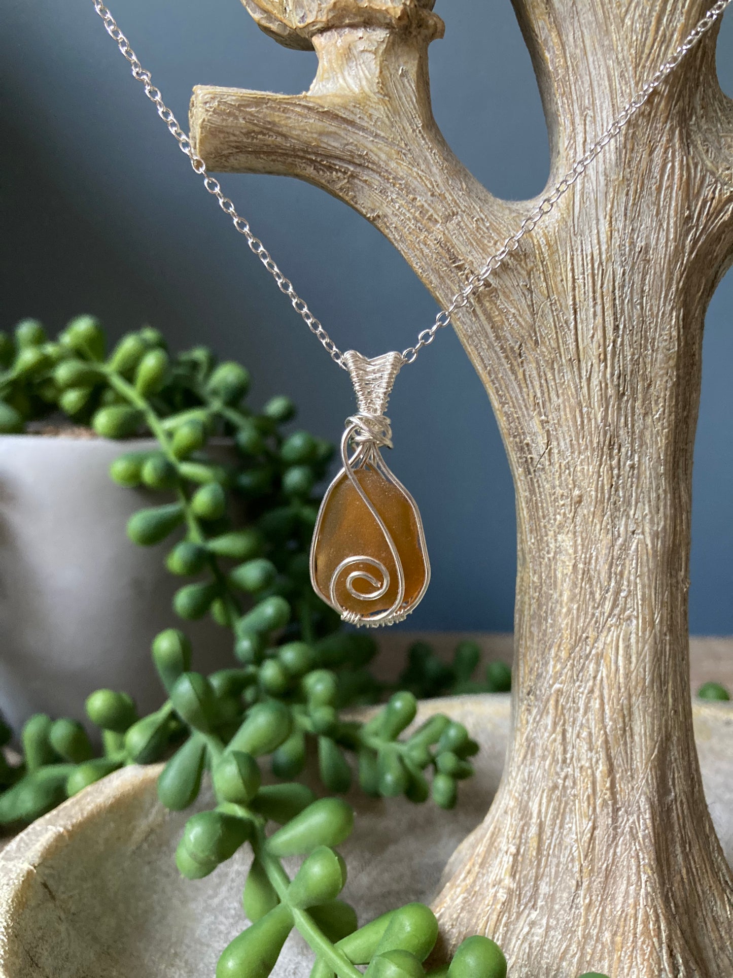 Amber sea glass silver plated necklace