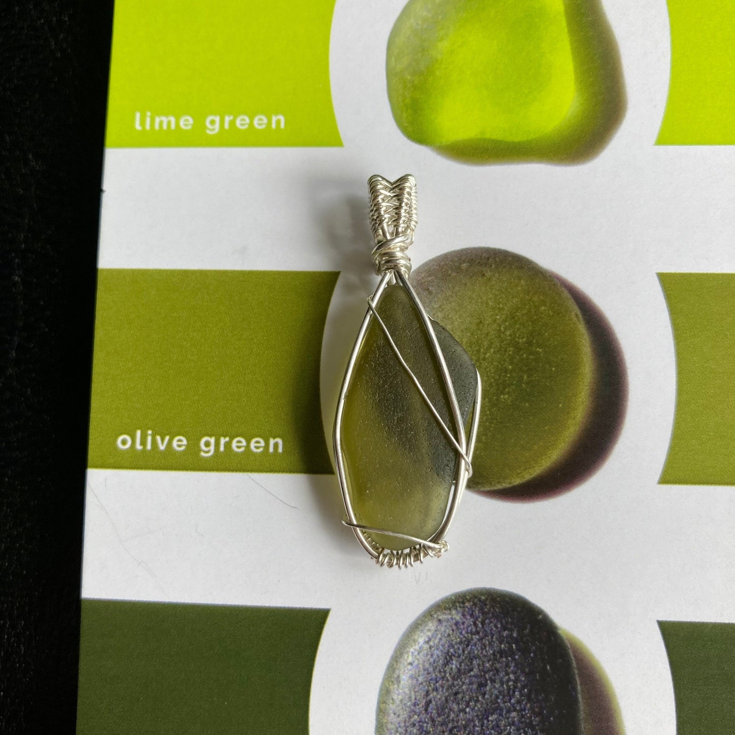 Olive green sea glass silver plated necklace