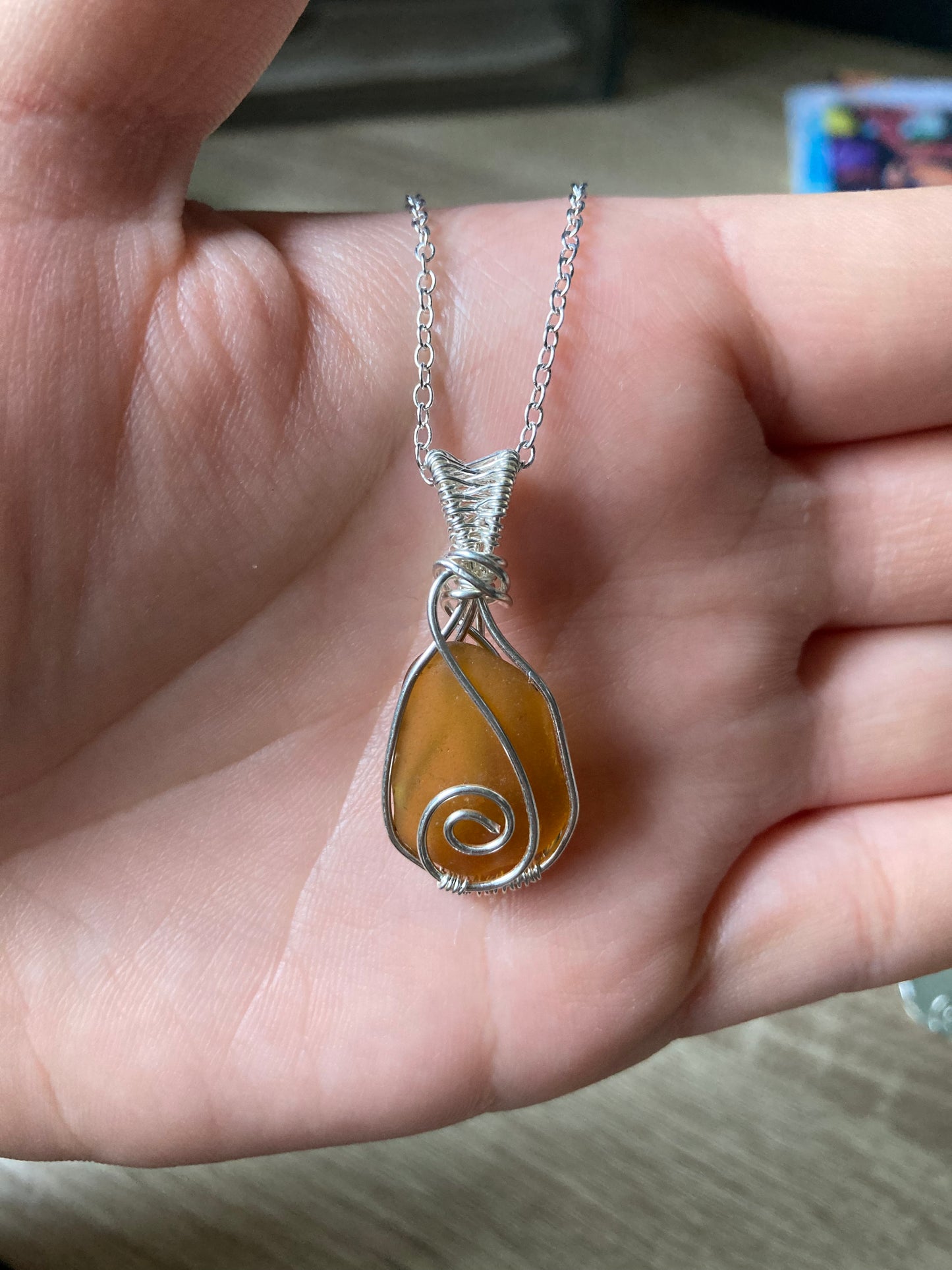 Amber sea glass silver plated necklace