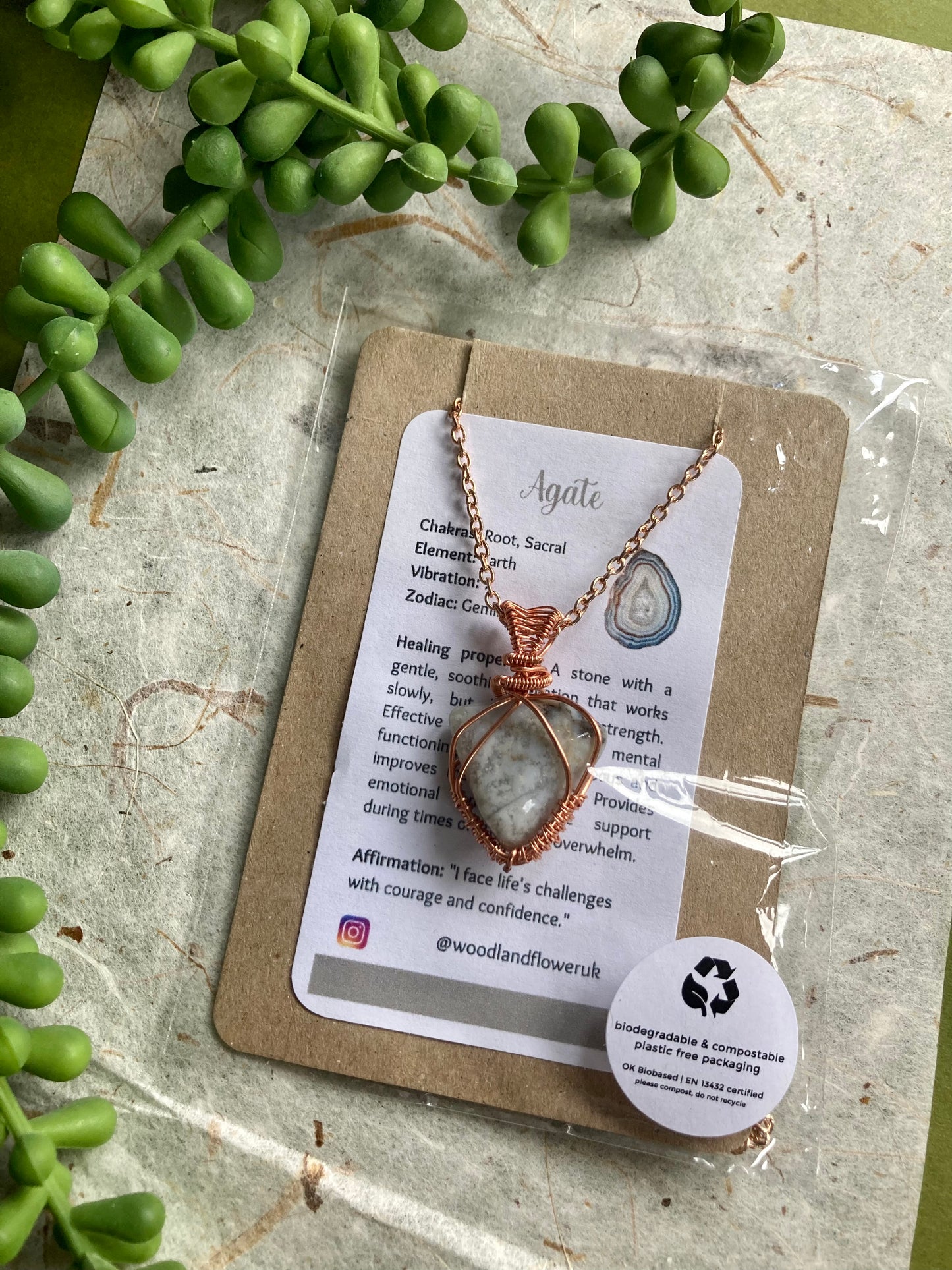 Agate pendant handmade necklace wire wrapped natural stone with 18 inch length chain