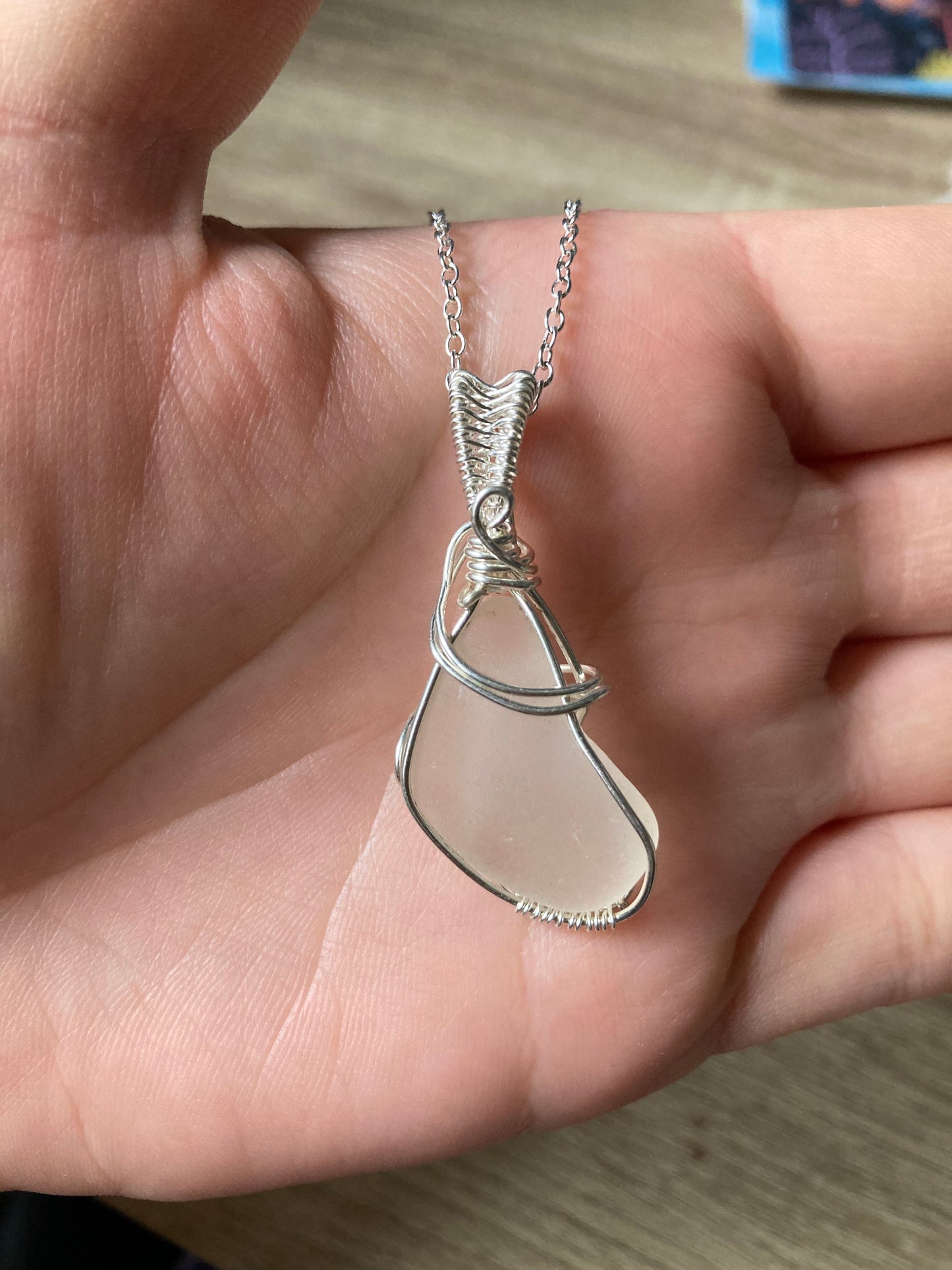 Silver gray sea glass silver plated necklace