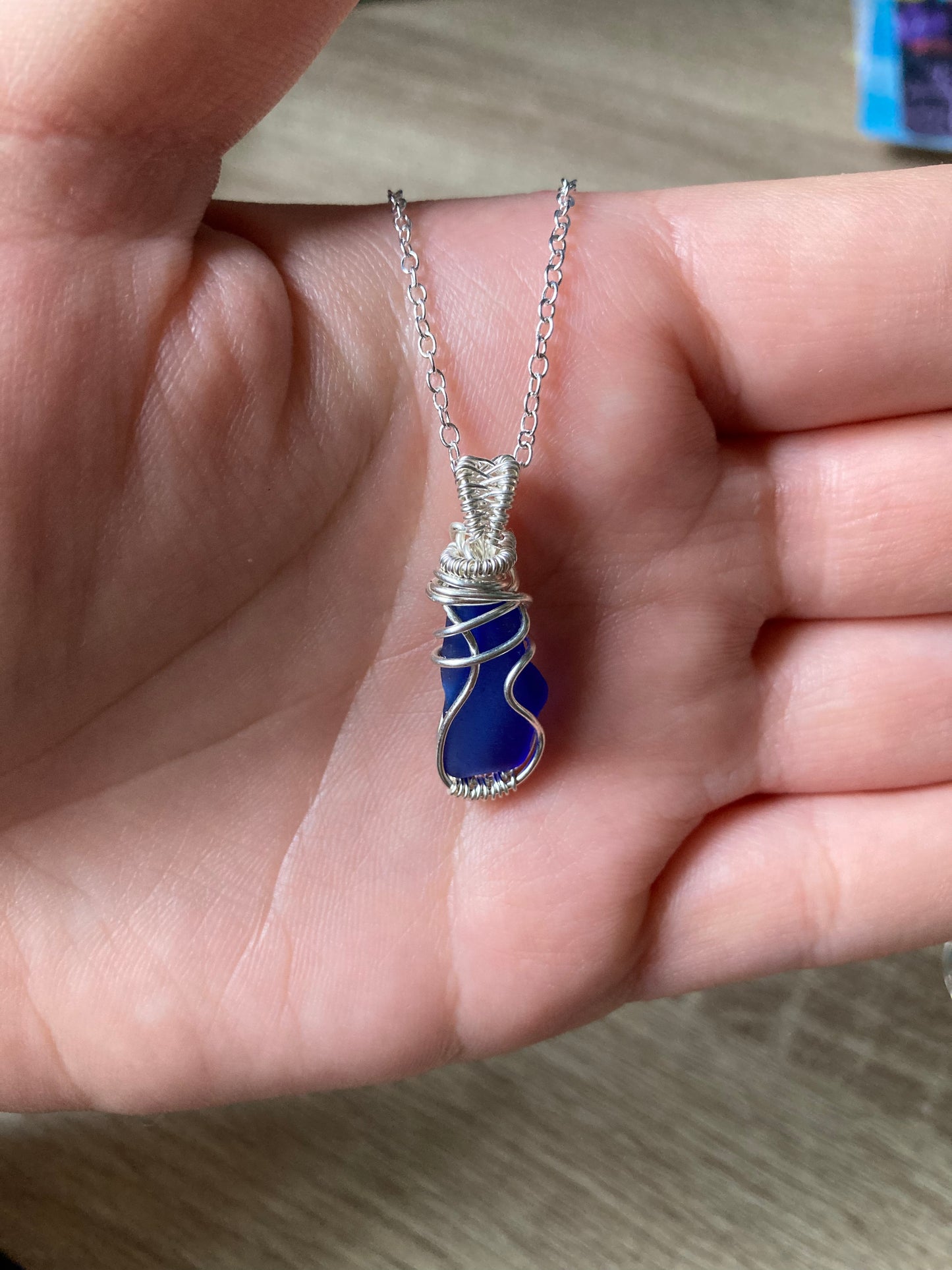 Dark cobalt blue sea glass silver plated necklace