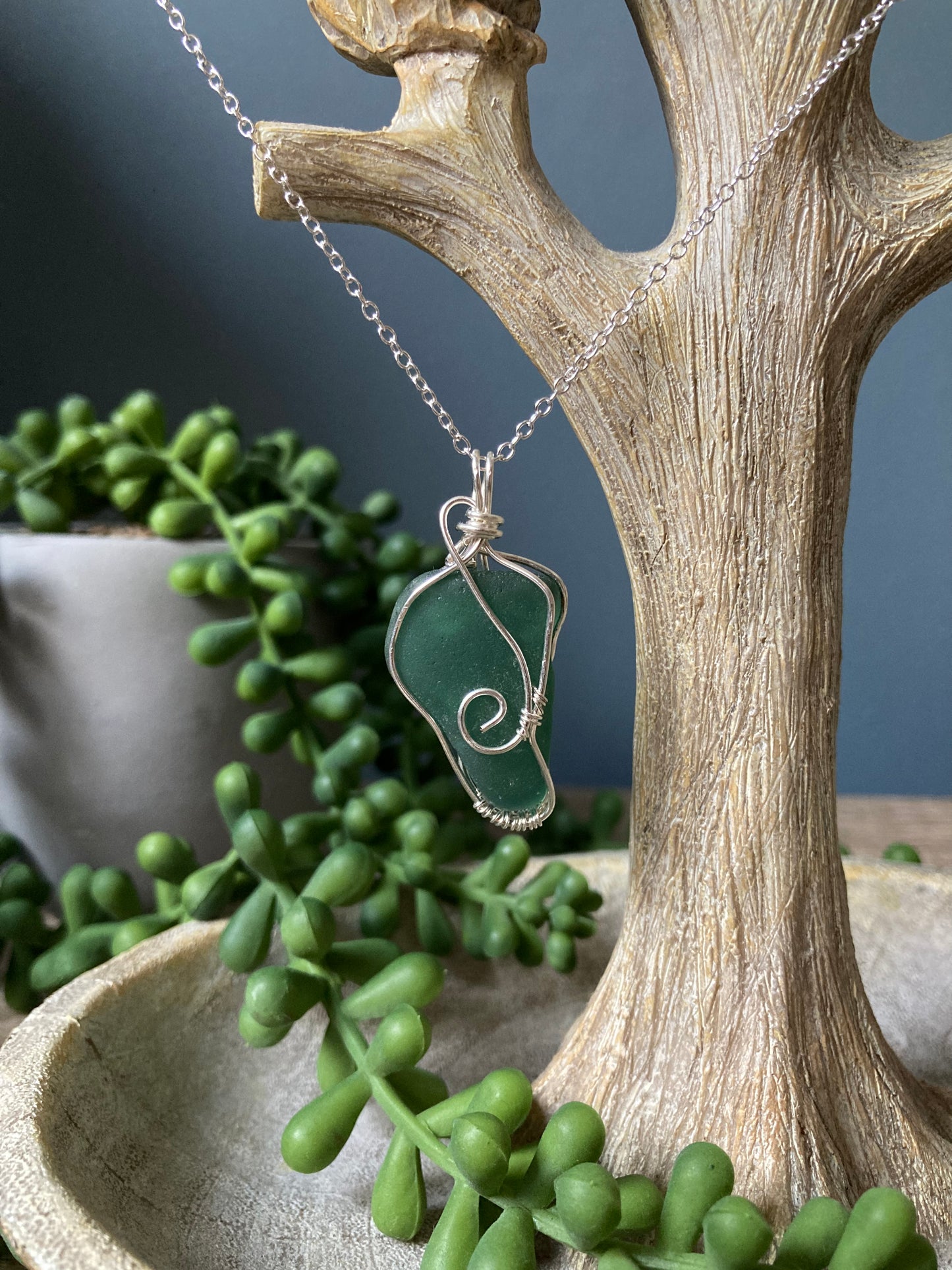 Teal green sea glass silver plated necklace