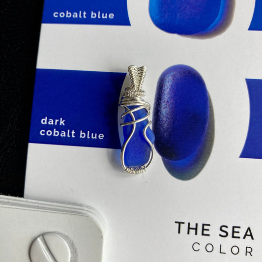 Dark cobalt blue sea glass silver plated necklace