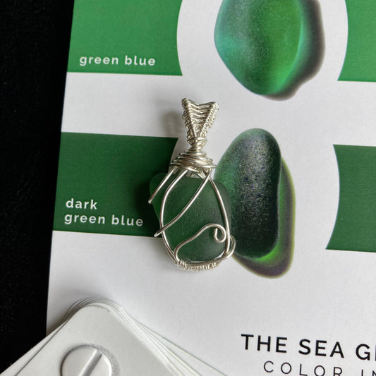 Dark green blue sea glass silver plated necklace