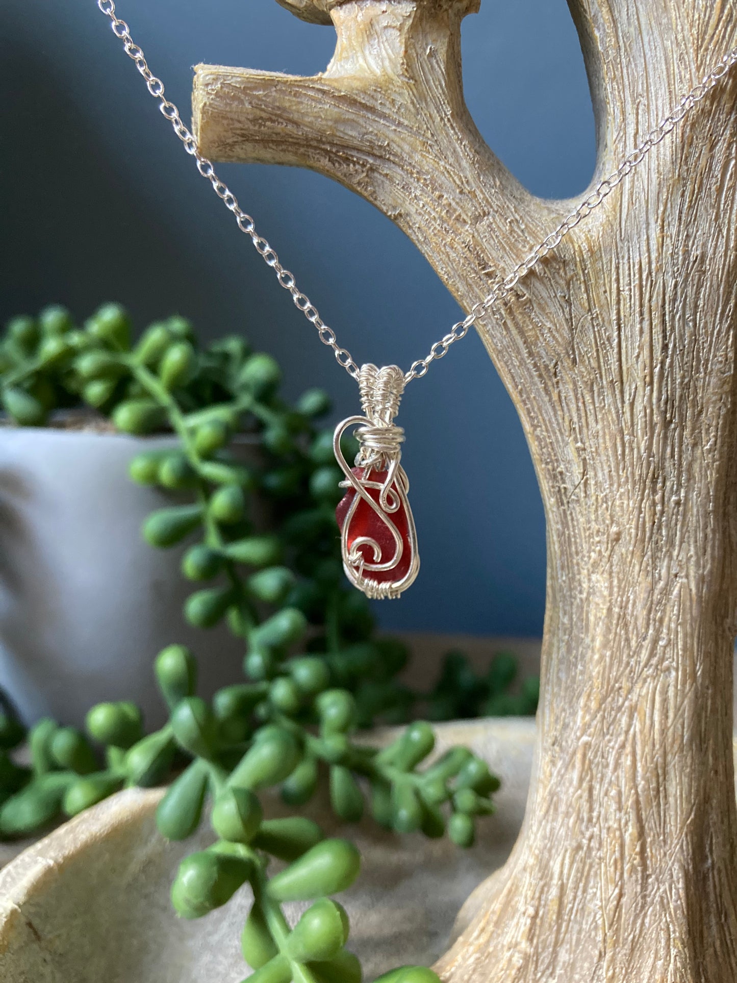 Crimson sea glass silver plated necklace