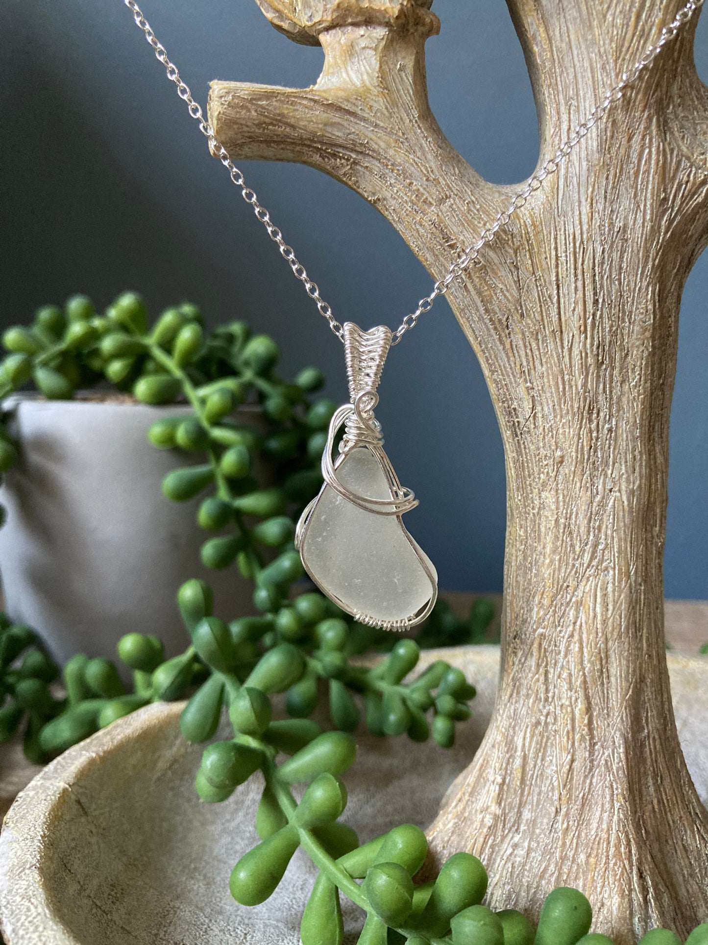 Silver gray sea glass silver plated necklace