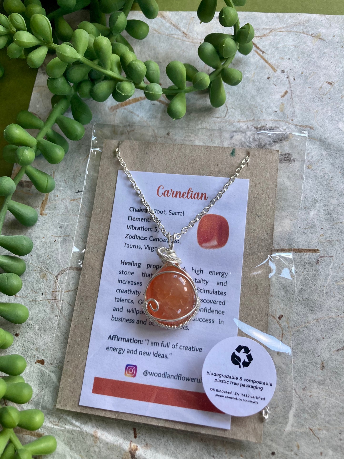 Carnelian pendant handmade necklace wire wrapped natural stone with 18 inch length chain