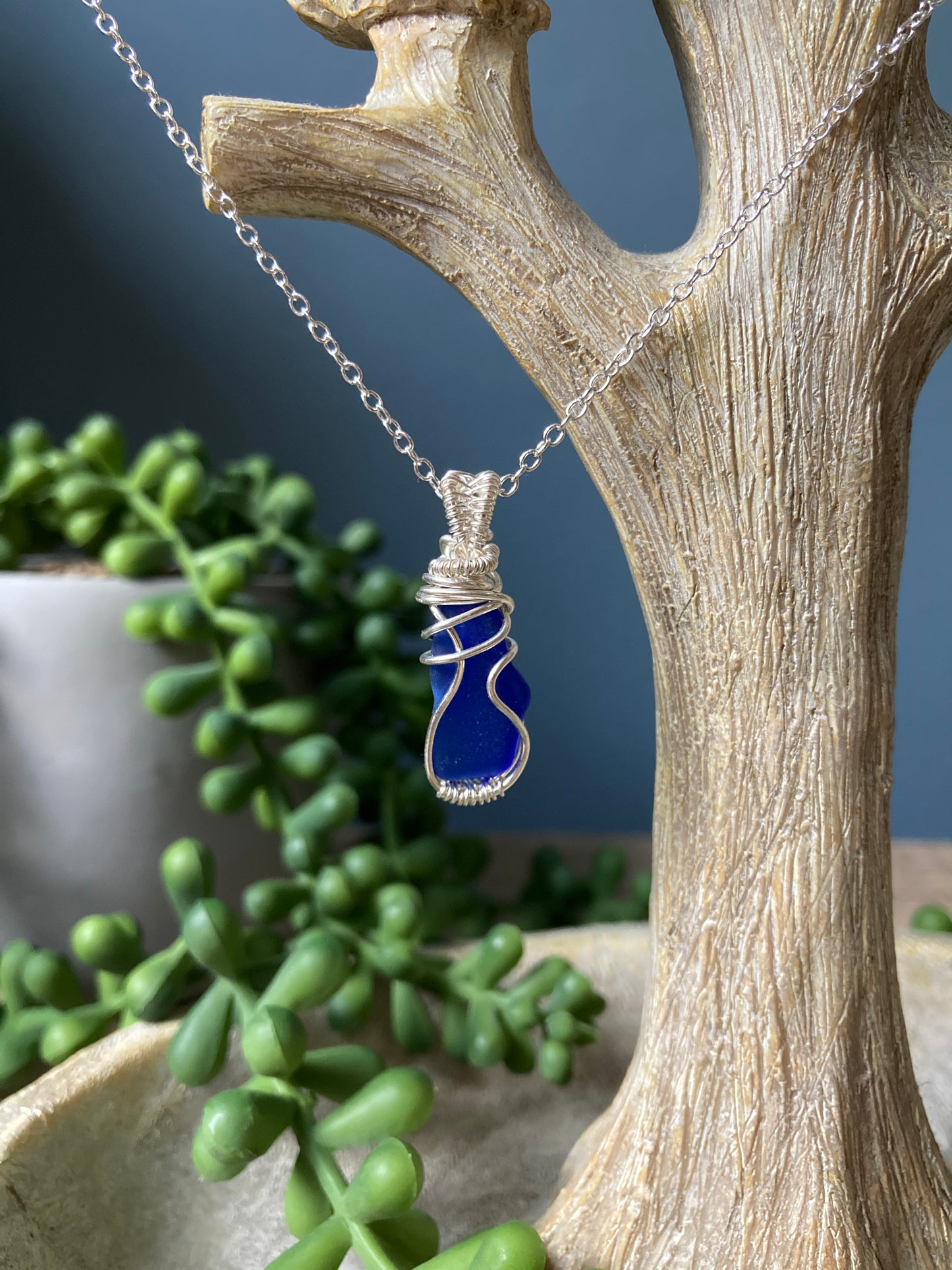 Dark cobalt blue sea glass silver plated necklace