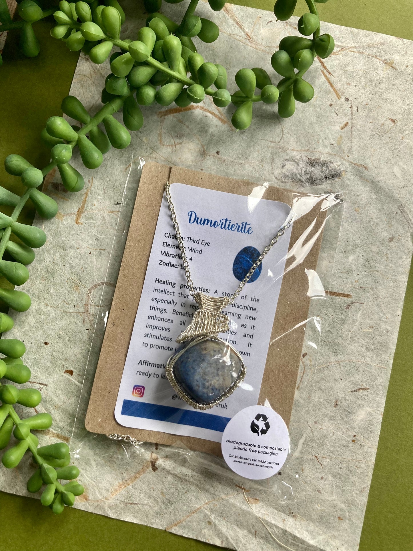 Dumortierite pendant handmade necklace wire wrapped natural stone with 18 inch length chain