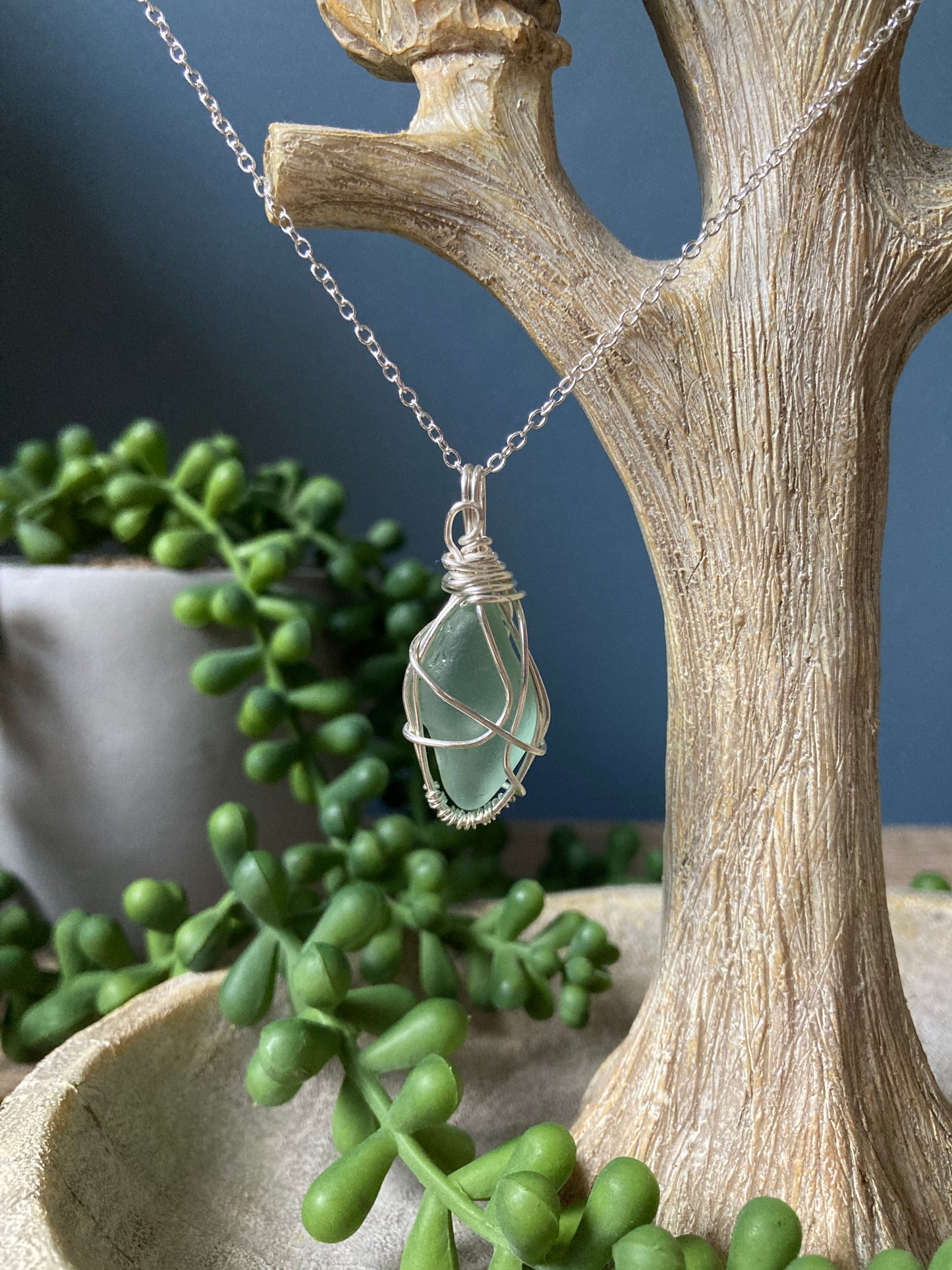 Light teal gray sea glass silver plated necklace