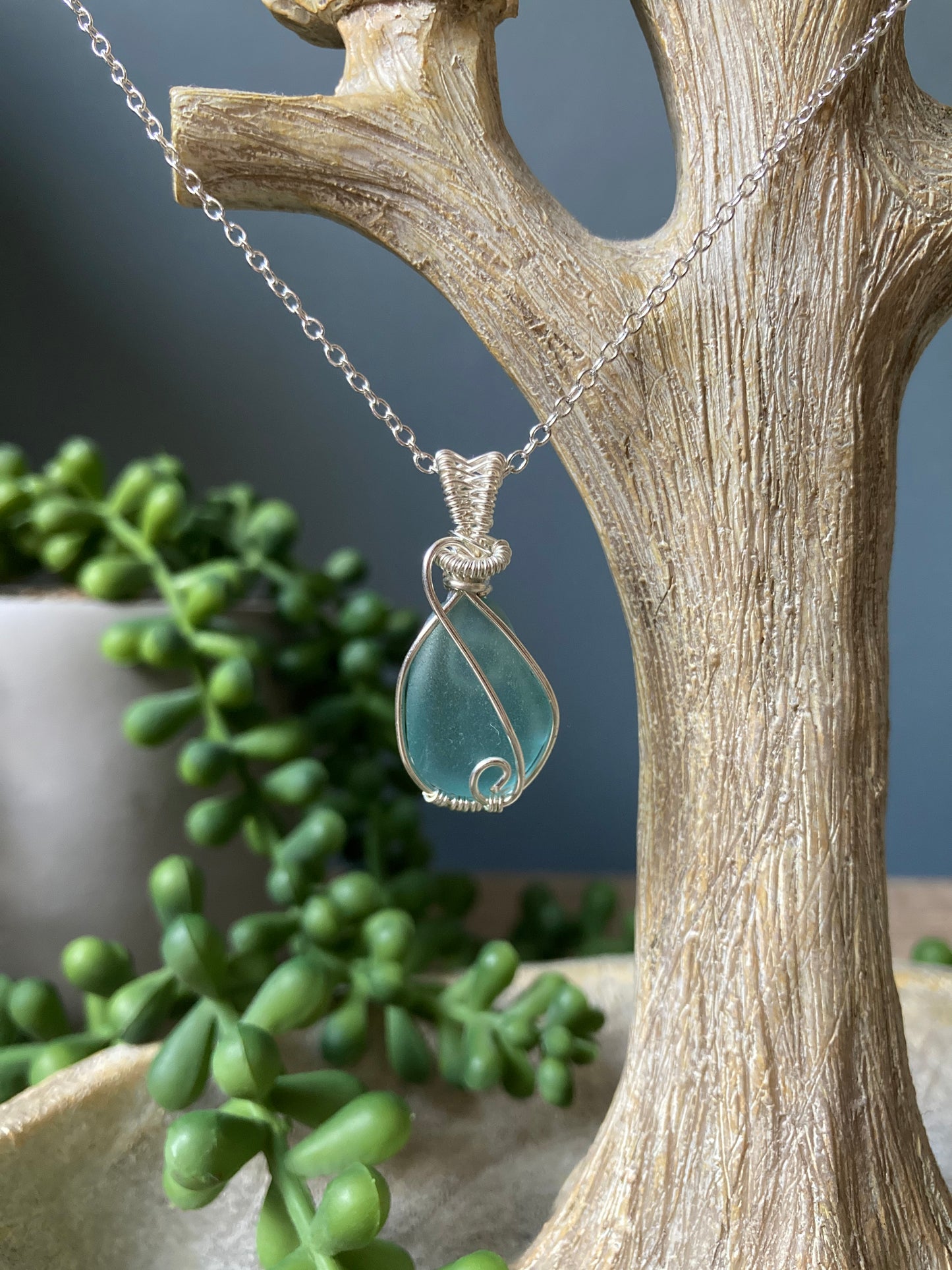 Light aquamarine sea glass silver plated necklace