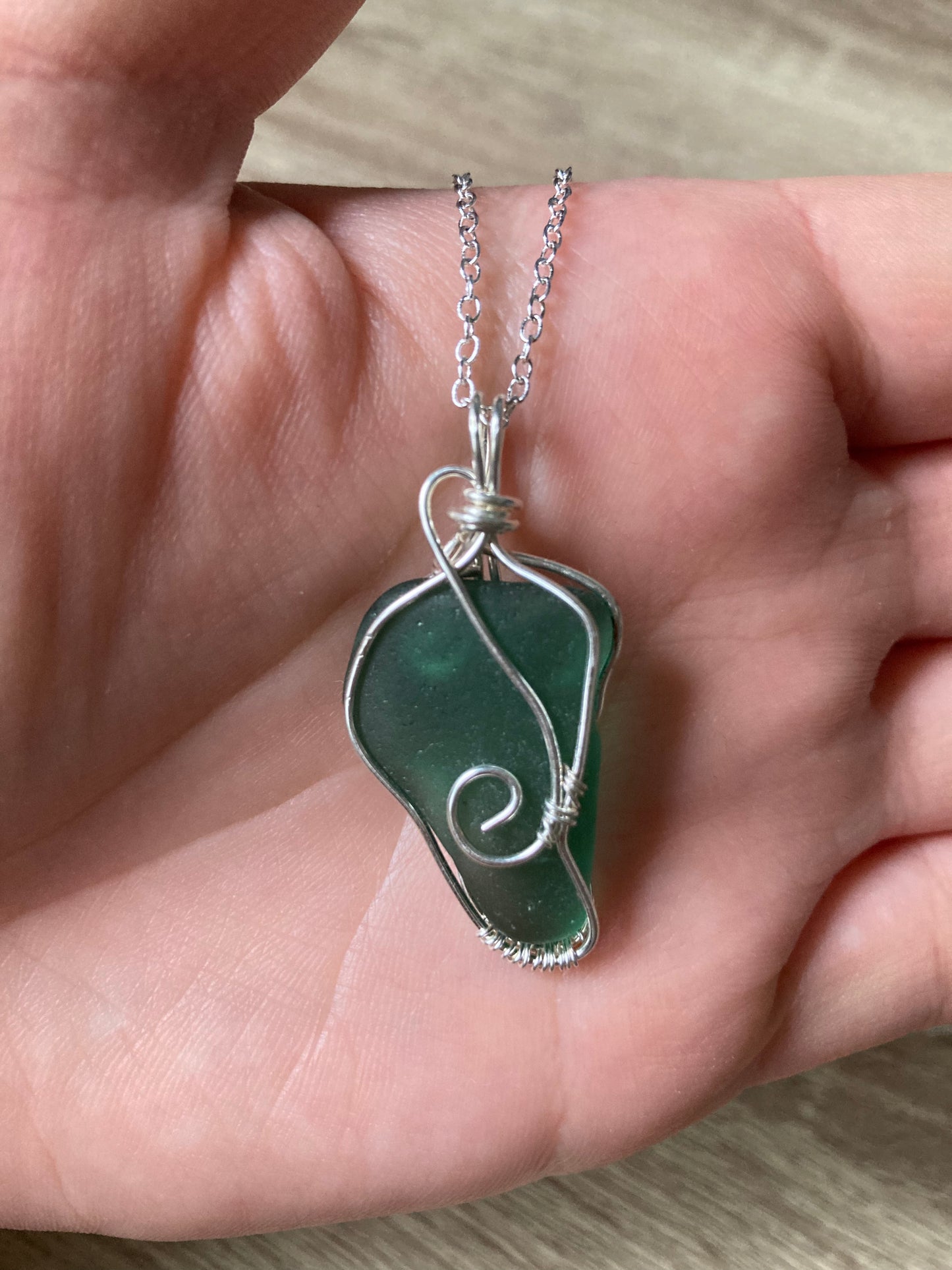 Teal green sea glass silver plated necklace