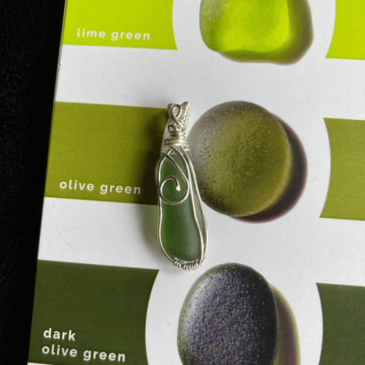 Olive green sea glass silver plated necklace