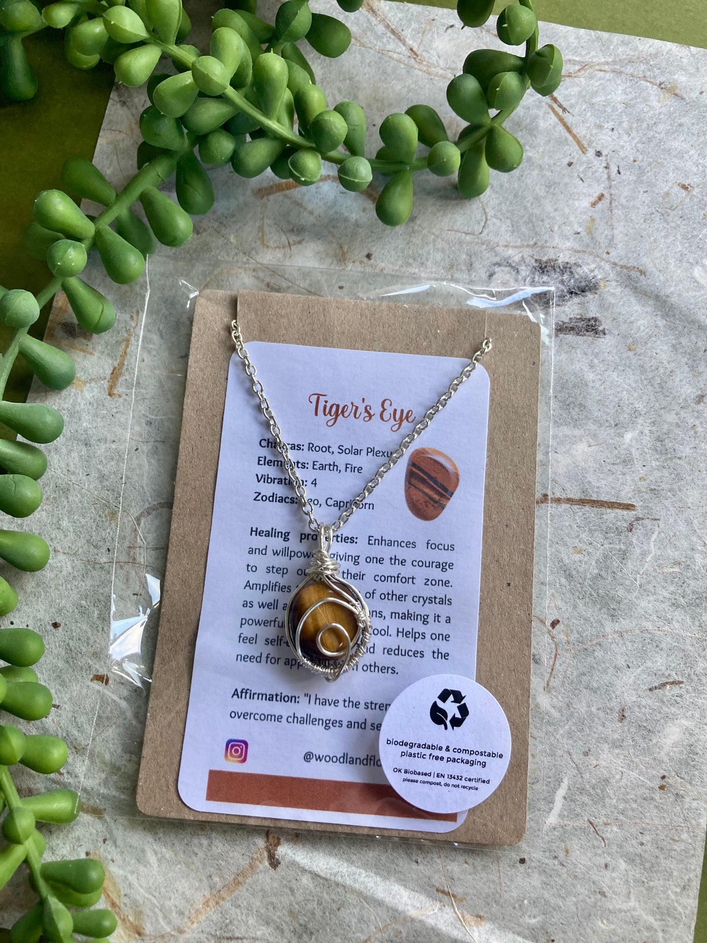 Tiger eye pendant handmade necklace wire wrapped natural stone with 18 inch length chain