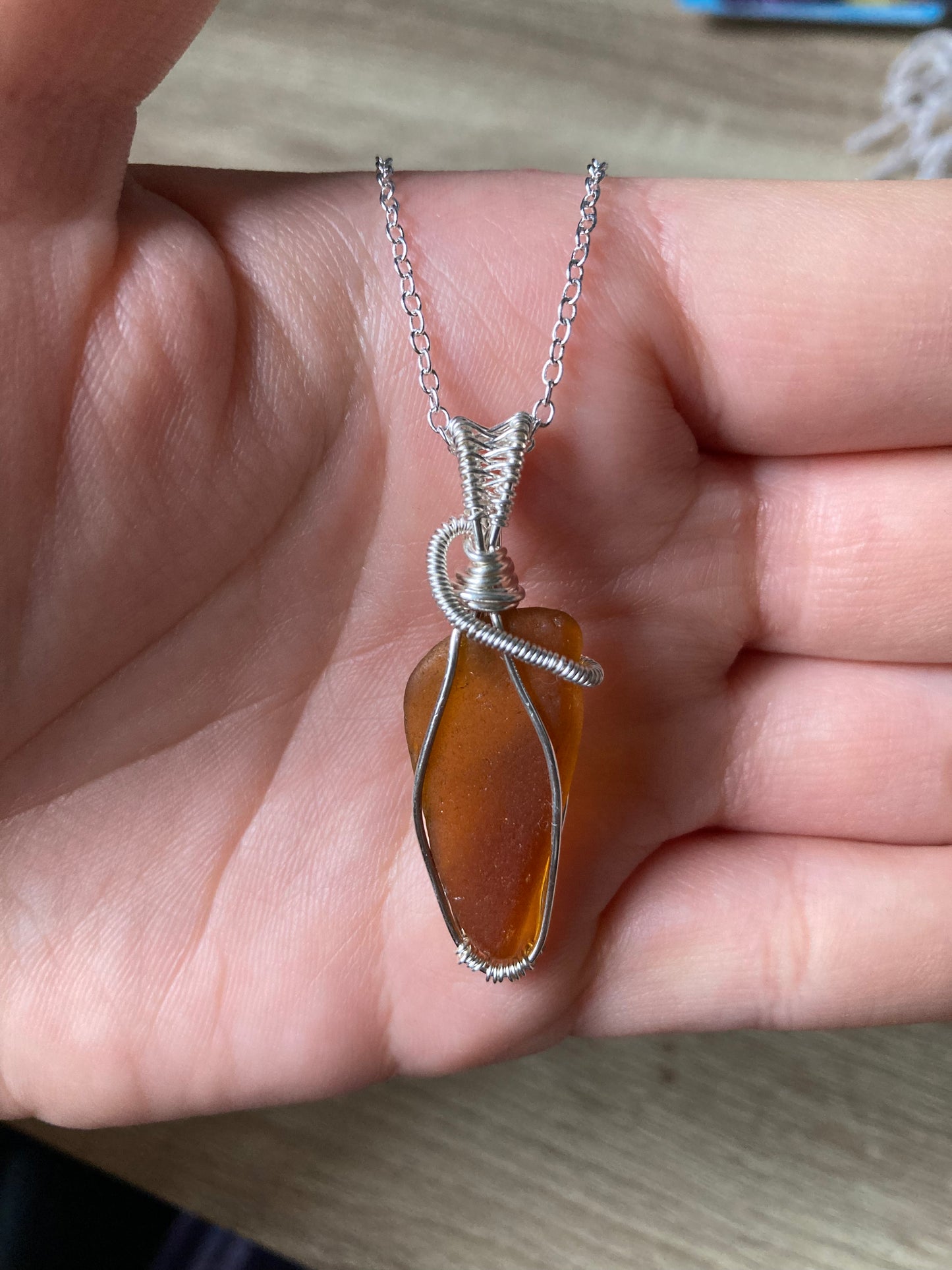 Amber sea glass silver plated necklace