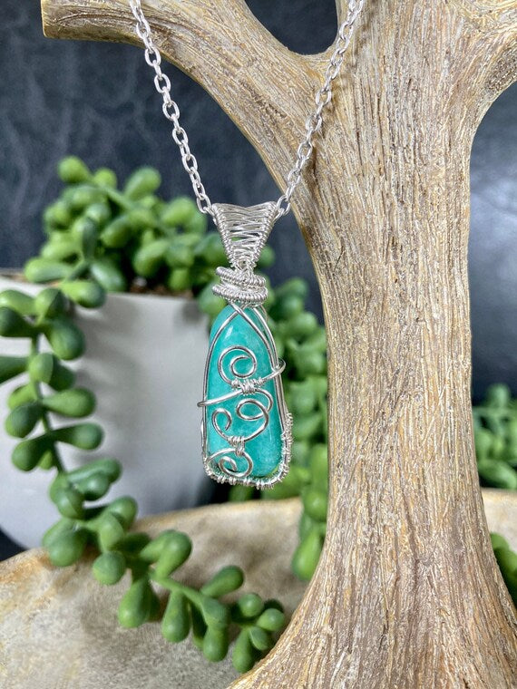 Amazonite pendant handmade necklace wire wrapped natural stone with 18 inch length chain