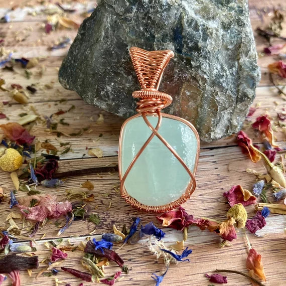 Caribbean calcite pendant handmade necklace wire wrapped natural stone with 18 inch length chain