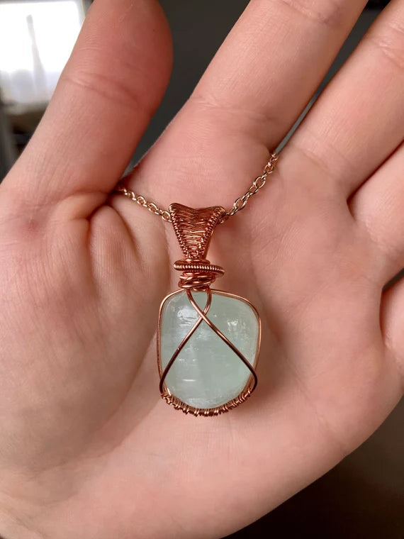 Caribbean calcite pendant handmade necklace wire wrapped natural stone with 18 inch length chain