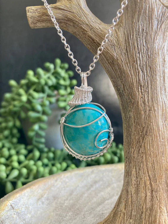 Tibetan turquoise pendant handmade necklace wire wrapped natural stone with 18 inch length chain