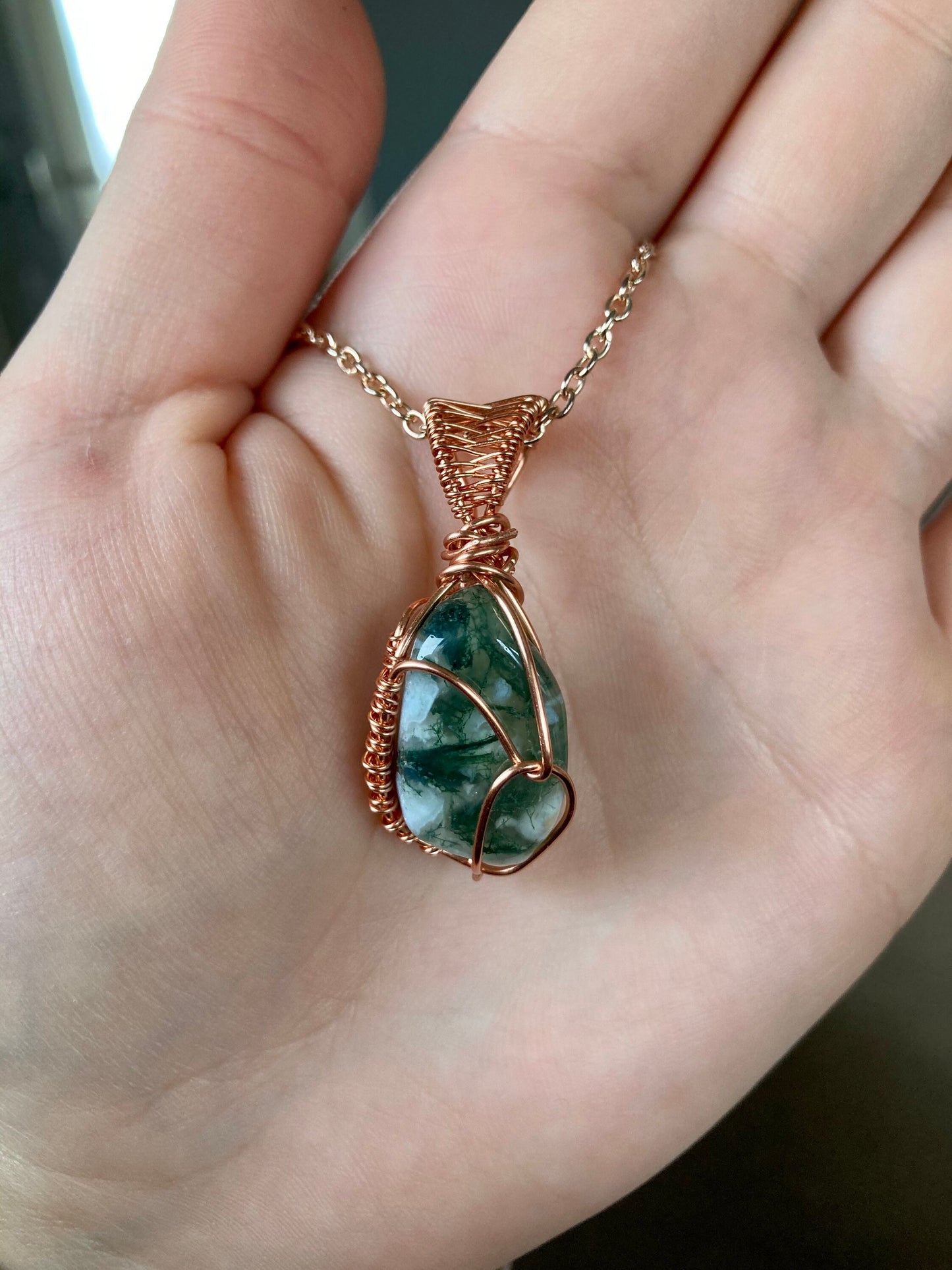 Tree agate pendant handmade necklace wire wrapped natural stone with 18 inch length chain