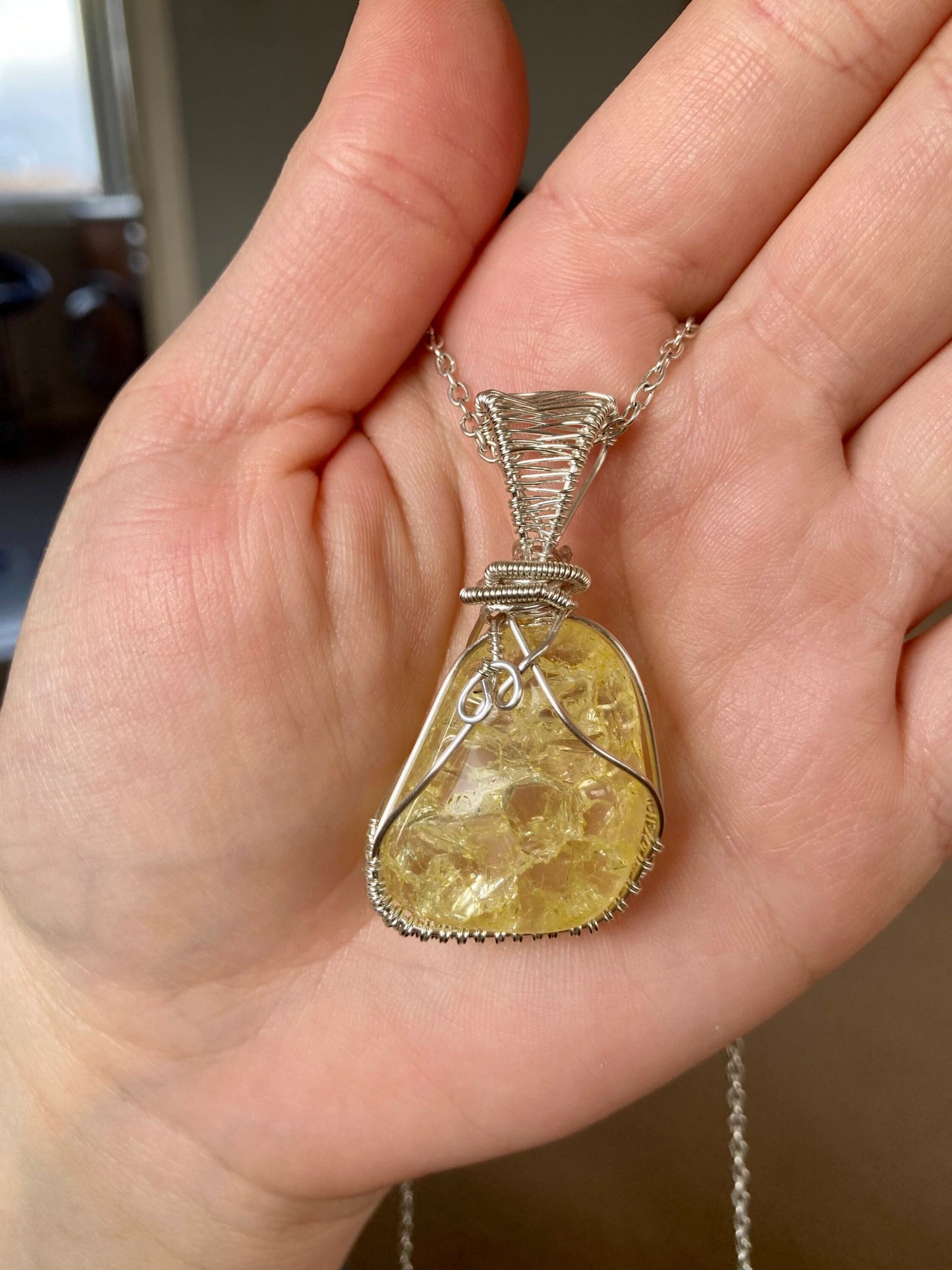 Quartz pendant handmade necklace wire wrapped natural stone with 18 inch length chain