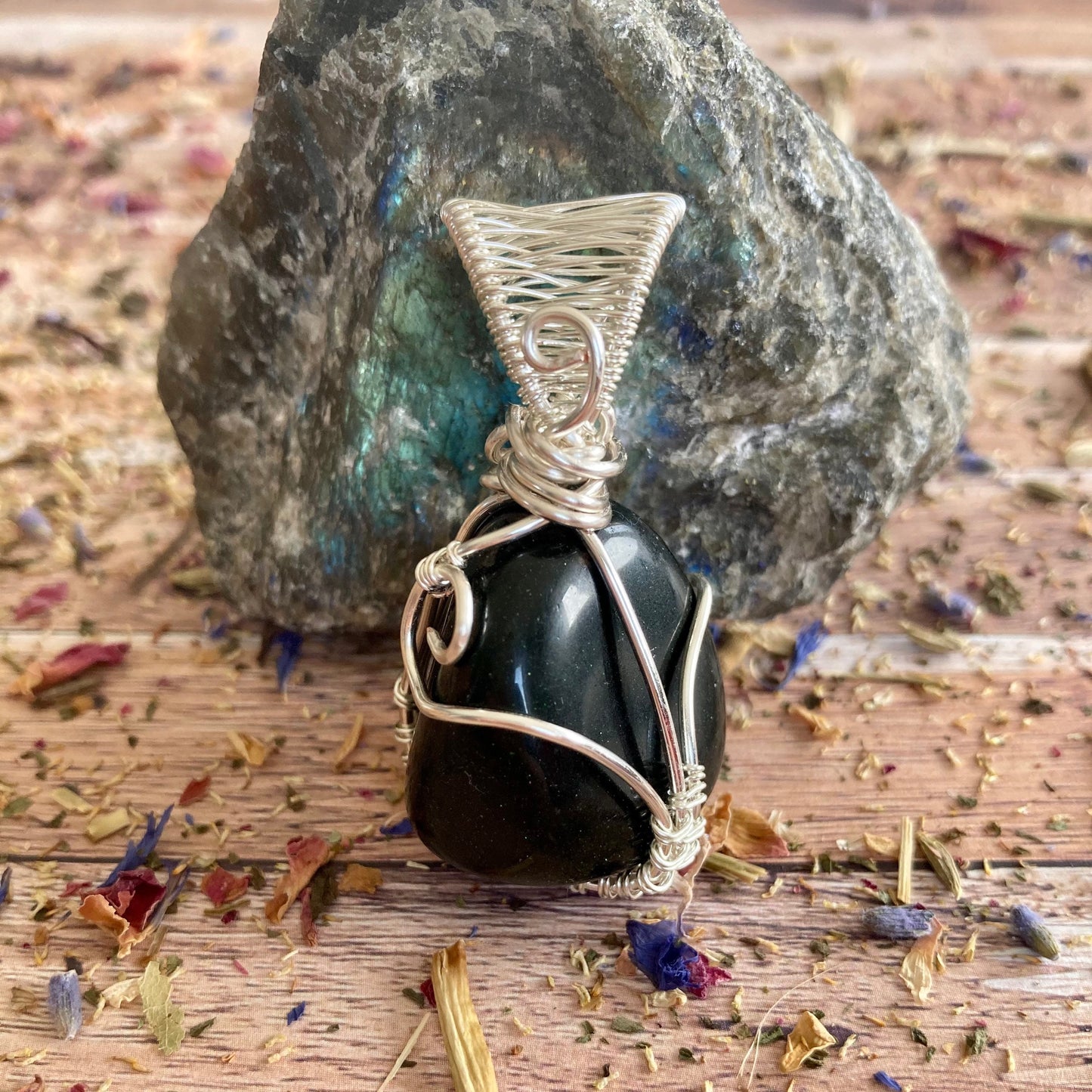 Green goldstone pendant handmade necklace wire wrapped natural stone with 18 inch length chain