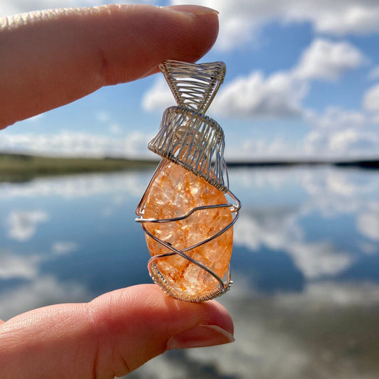 Quartz pendant handmade necklace wire wrapped natural stone with 18 inch length chains