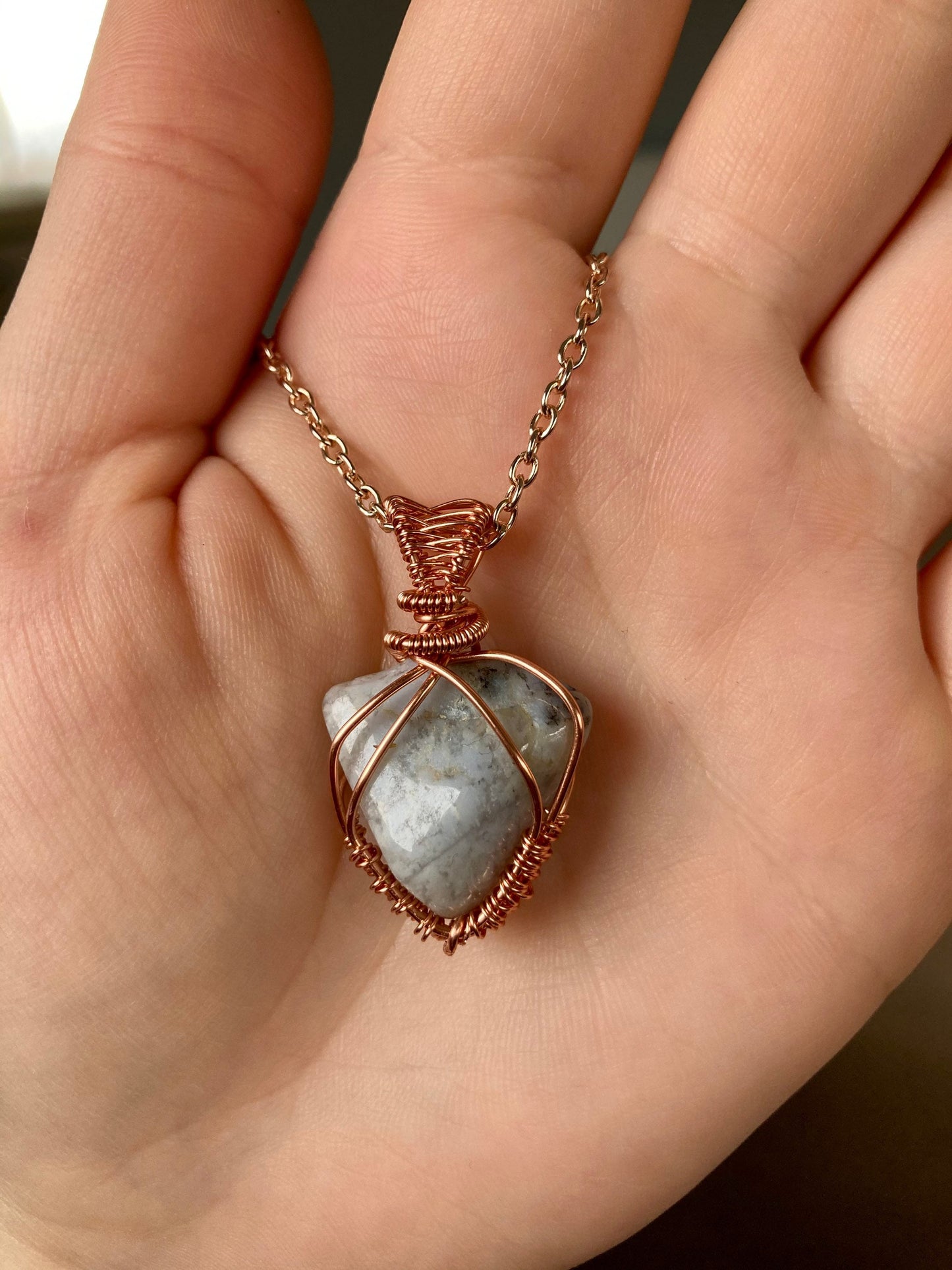 Agate pendant handmade necklace wire wrapped natural stone with 18 inch length chain