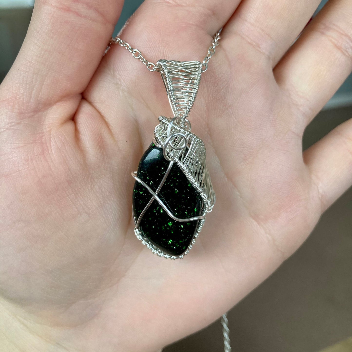 Green goldstone pendant handmade necklace wire wrapped natural stone with 18 inch length chain