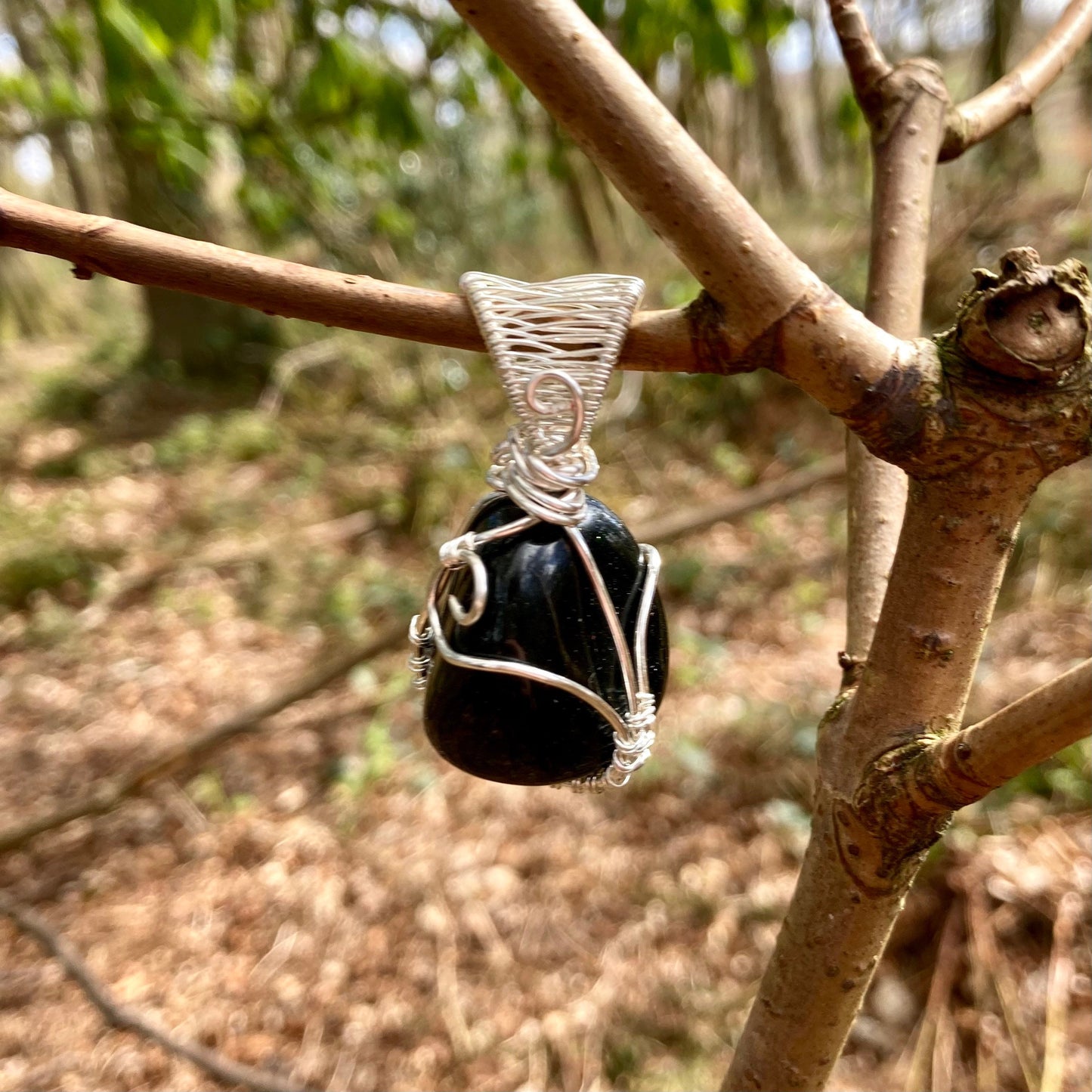 Green goldstone pendant handmade necklace wire wrapped natural stone with 18 inch length chain