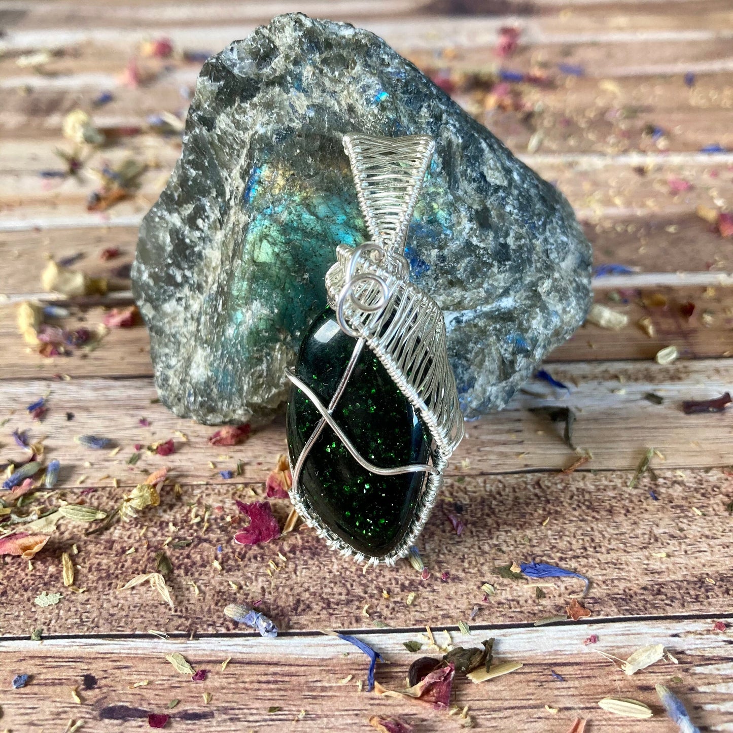 Green goldstone pendant handmade necklace wire wrapped natural stone with 18 inch length chain