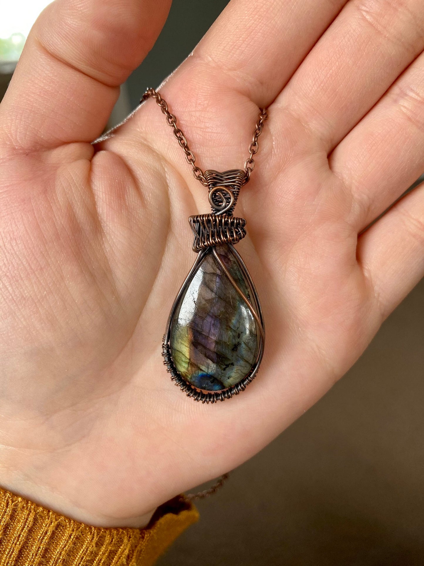 Labradorite pendant handmade necklace wire wrapped natural stone with 18 inch length chain