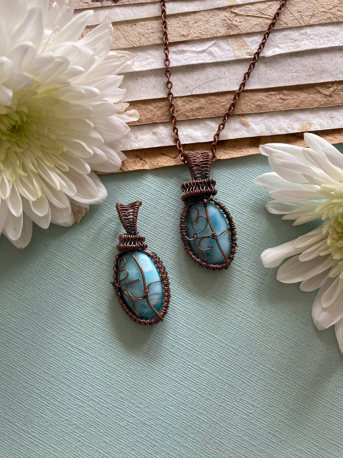 Larimar pendants handmade necklaces wire wrapped natural stone with 18 inch length chain