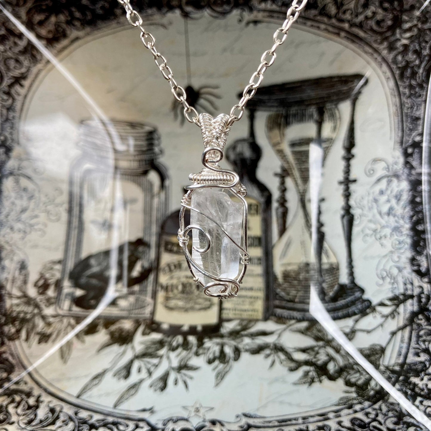 Quartz pendant handmade necklace wire wrapped natural stone with 18 inch length chain