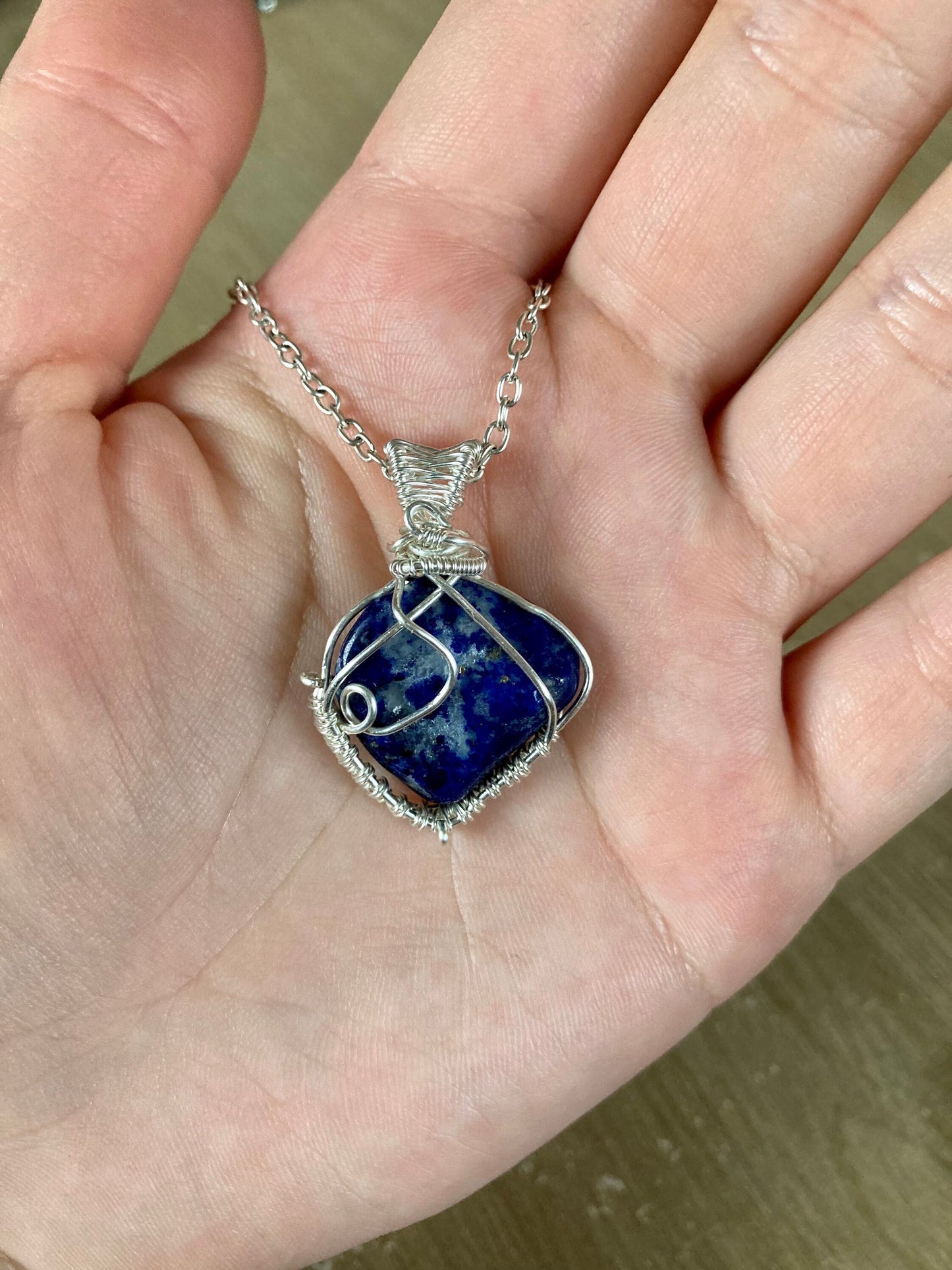 Lapis lazuli pendant handmade necklace wire wrapped natural stone with 18 inch length chain