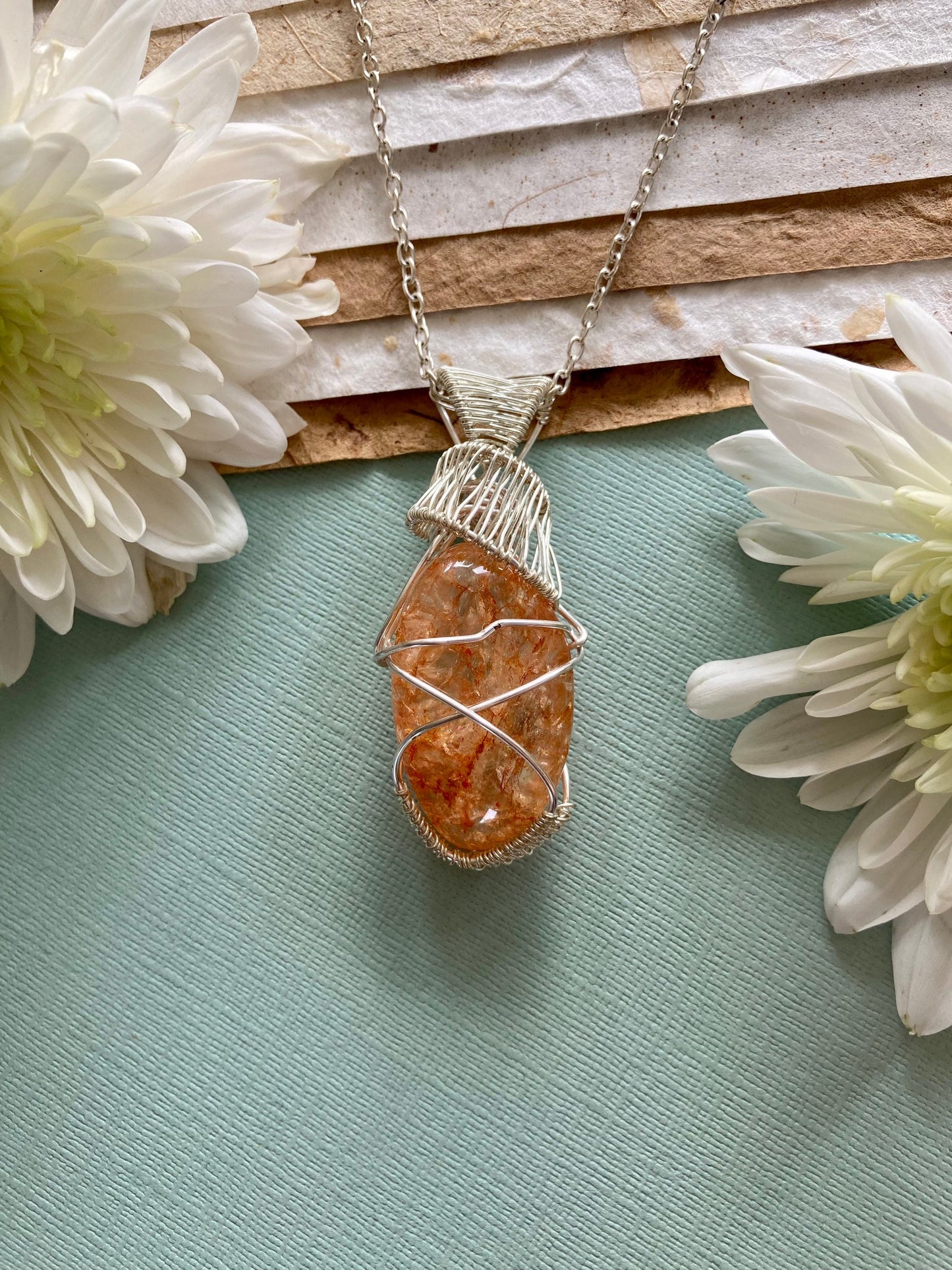 Quartz pendant handmade necklace wire wrapped natural stone with 18 inch length chains