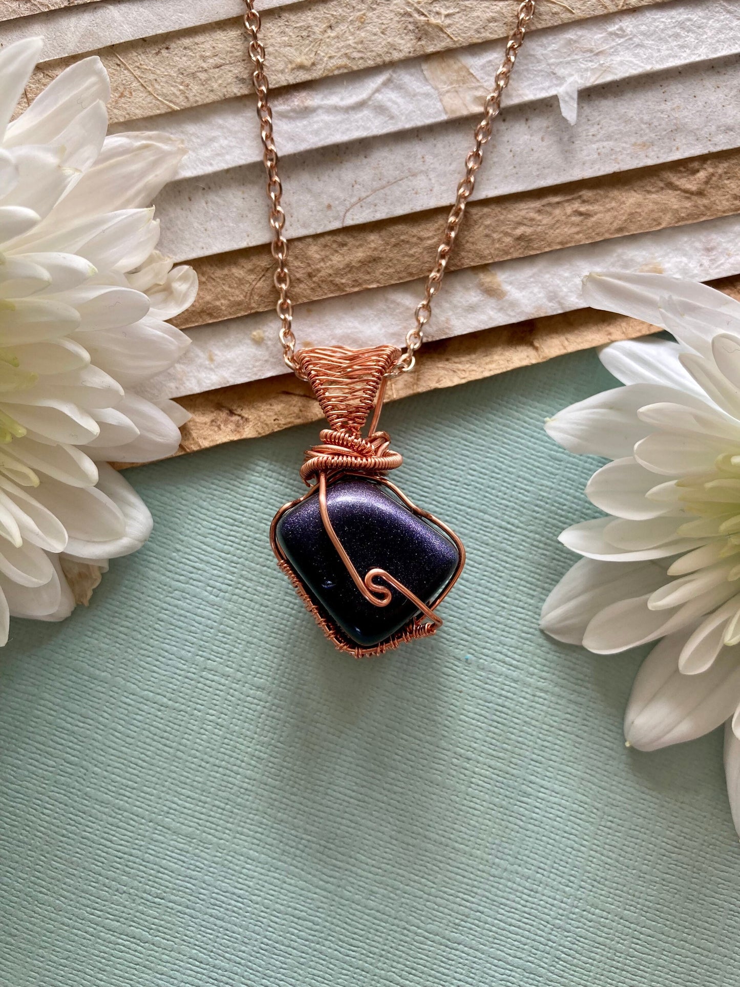 Blue goldstone pendant handmade necklace wire wrapped natural stone with 18 inch length chain