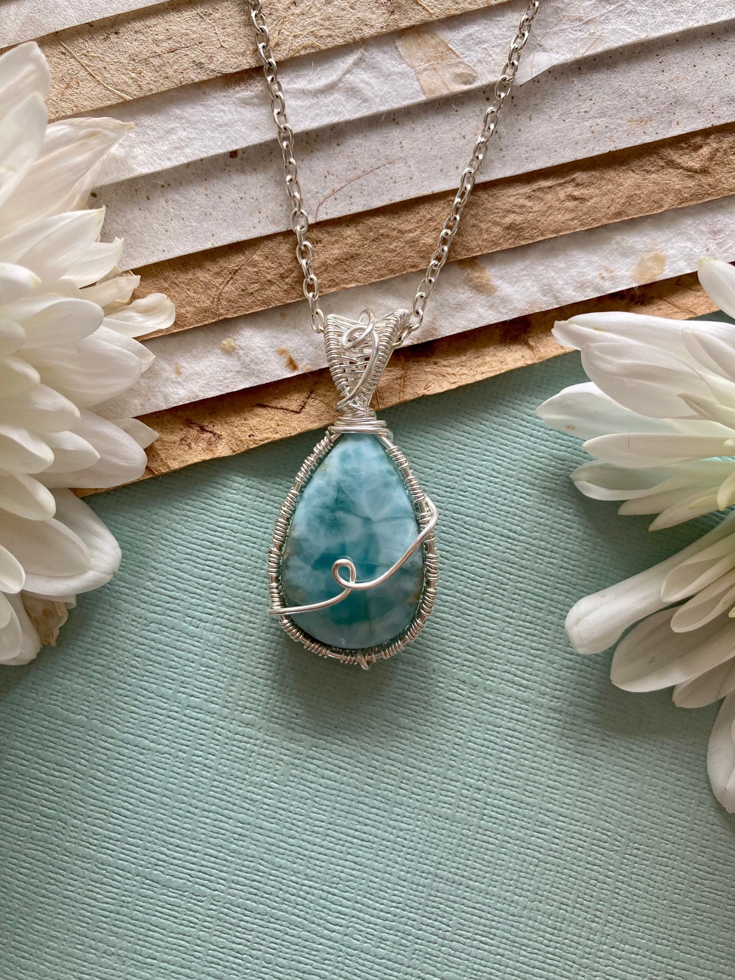 Larimar pendant handmade necklace wire wrapped natural stone with 18 inch length chain