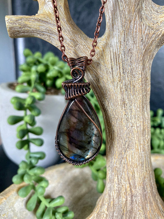 Labradorite pendant handmade necklace wire wrapped natural stone with 18 inch length chain