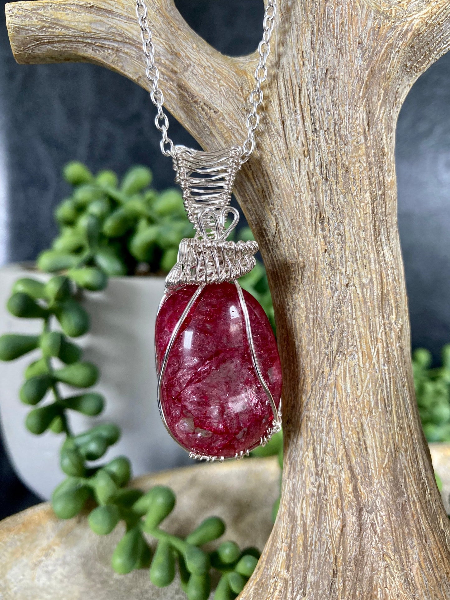 Quartz pendant handmade necklace wire wrapped natural stone with 18 inch length chain