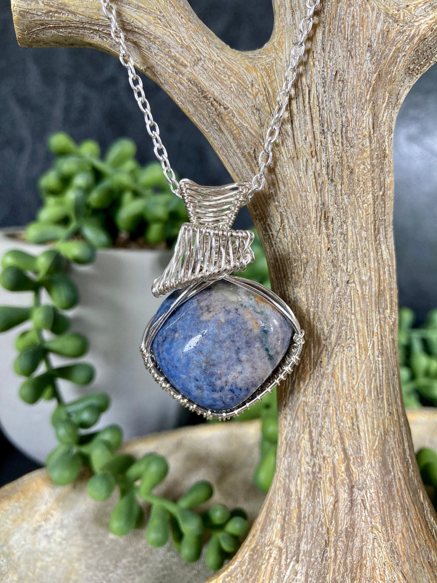 Dumortierite pendant handmade necklace wire wrapped natural stone with 18 inch length chain