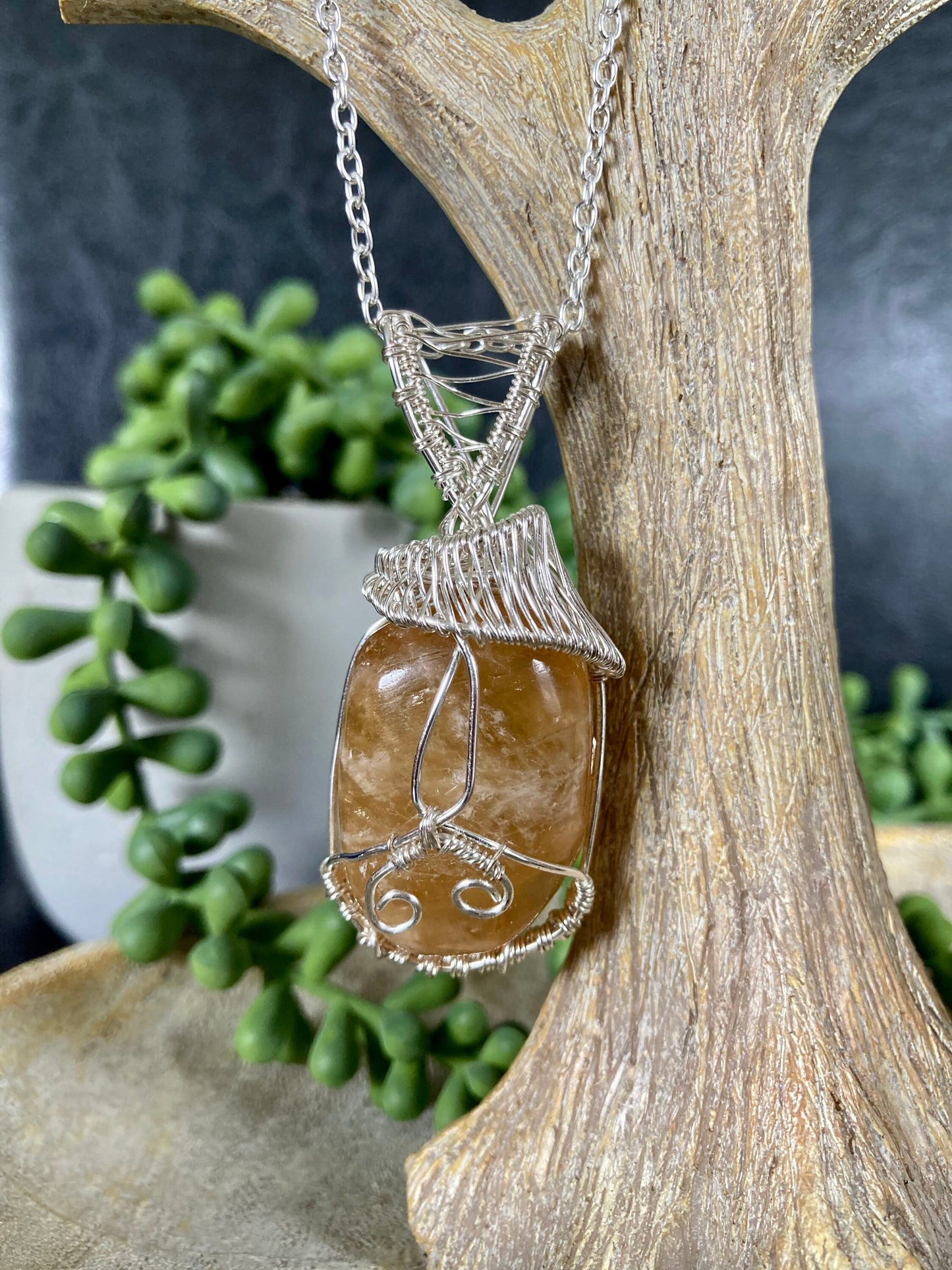Honey calcite pendant handmade necklace wire wrapped natural stone with 18 inch length chain