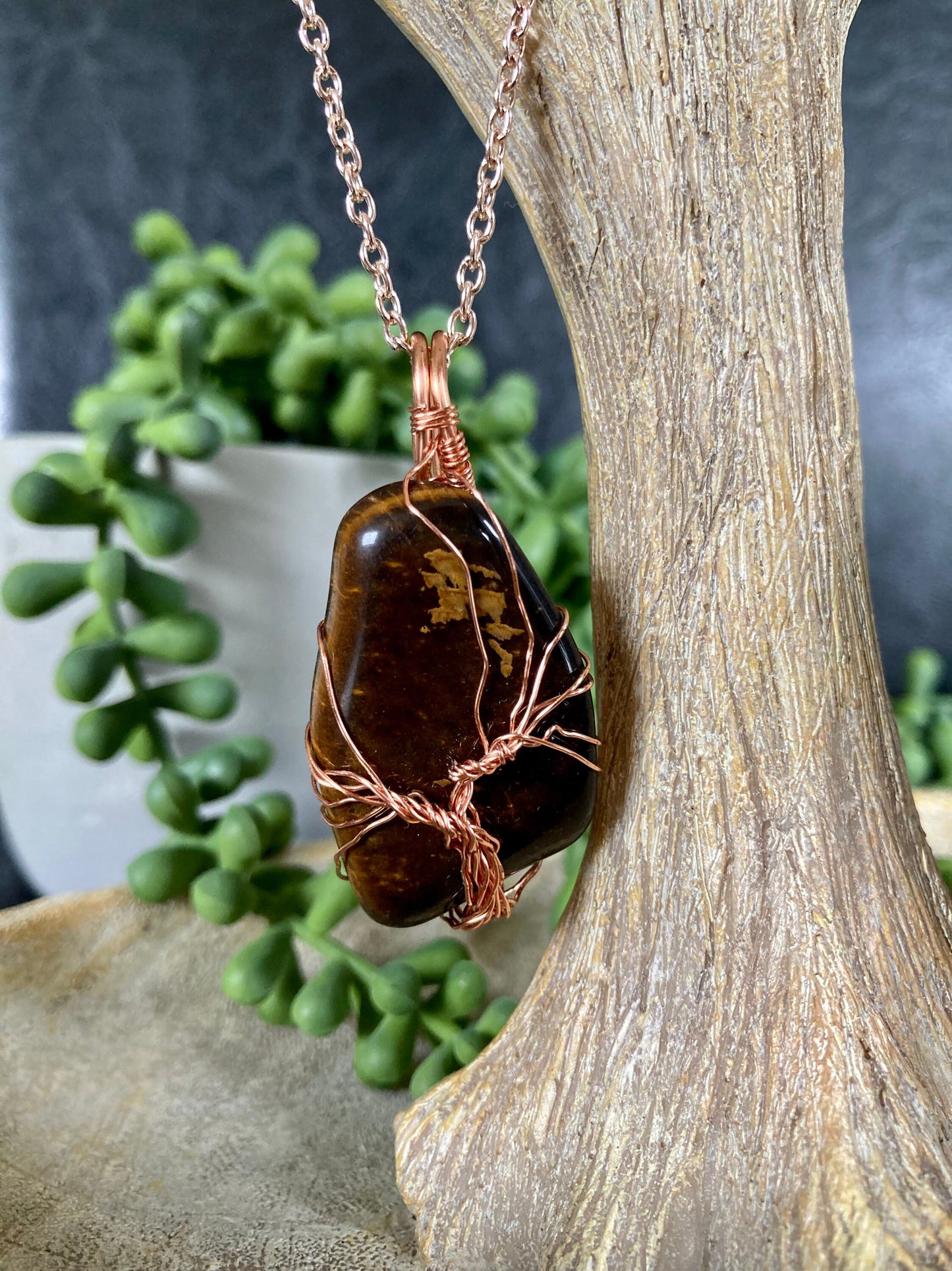 Tiger eye pendant handmade necklace wire wrapped natural stone with 18 inch length chain