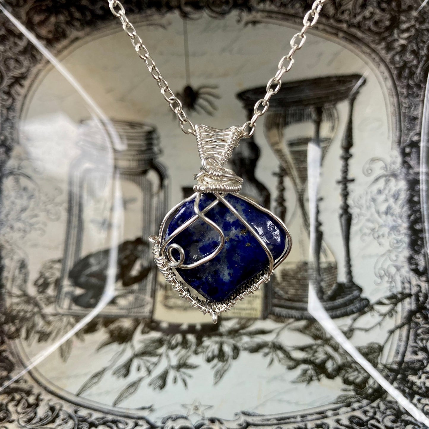 Lapis lazuli pendant handmade necklace wire wrapped natural stone with 18 inch length chain
