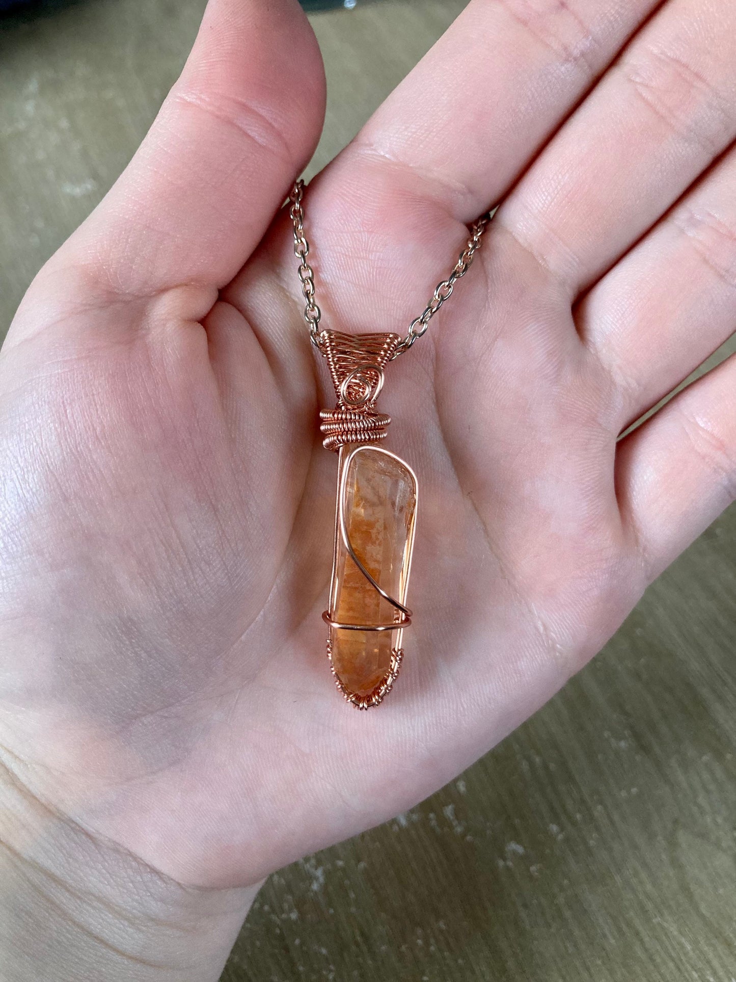 Tangerine quartz pendant handmade necklace wire wrapped natural stone with 18 inch length chain