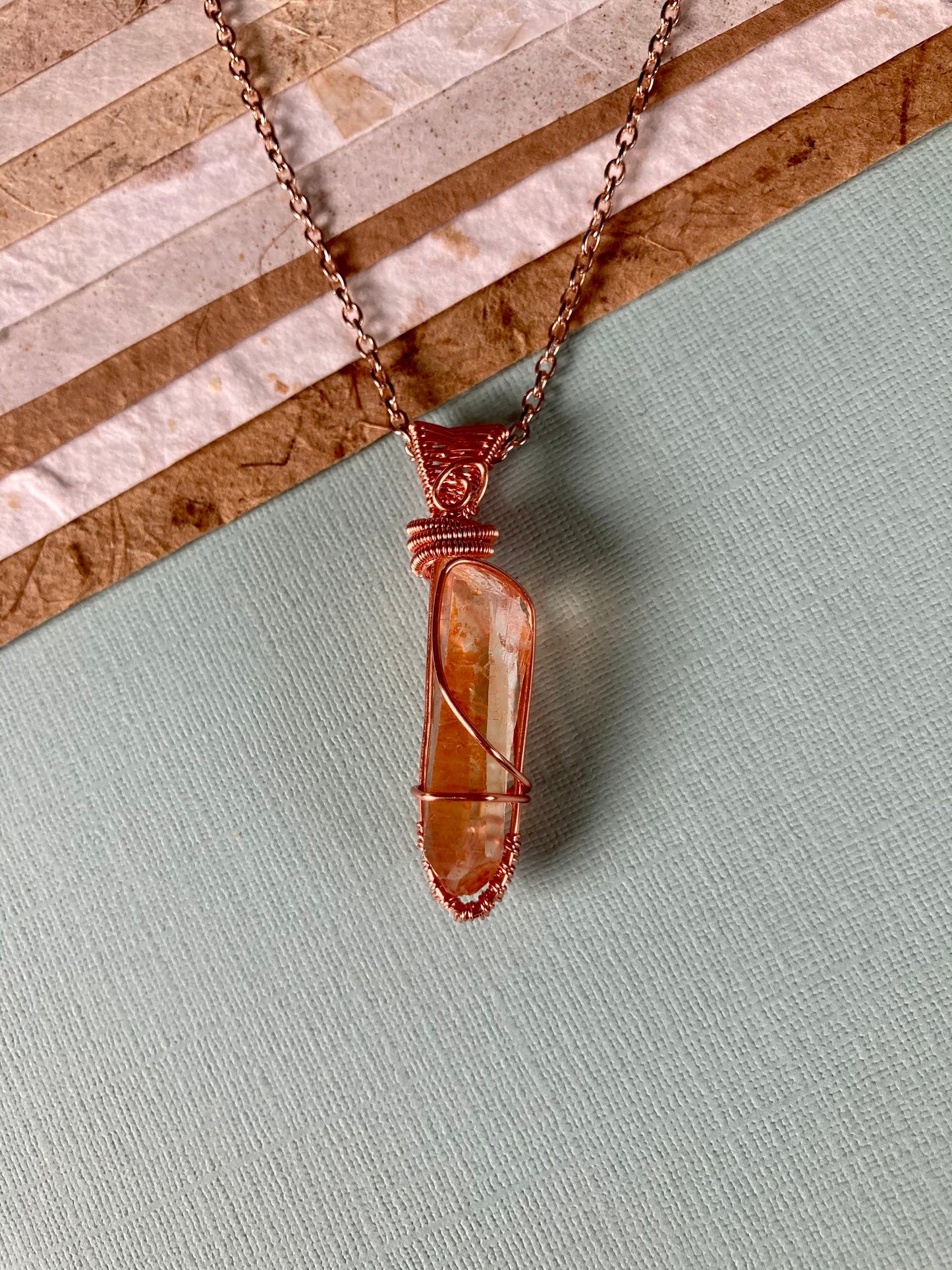 Tangerine quartz pendant handmade necklace wire wrapped natural stone with 18 inch length chain