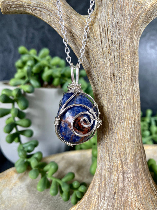 Sodalite pendant handmade necklace wire wrapped natural stone with 18 inch length chain