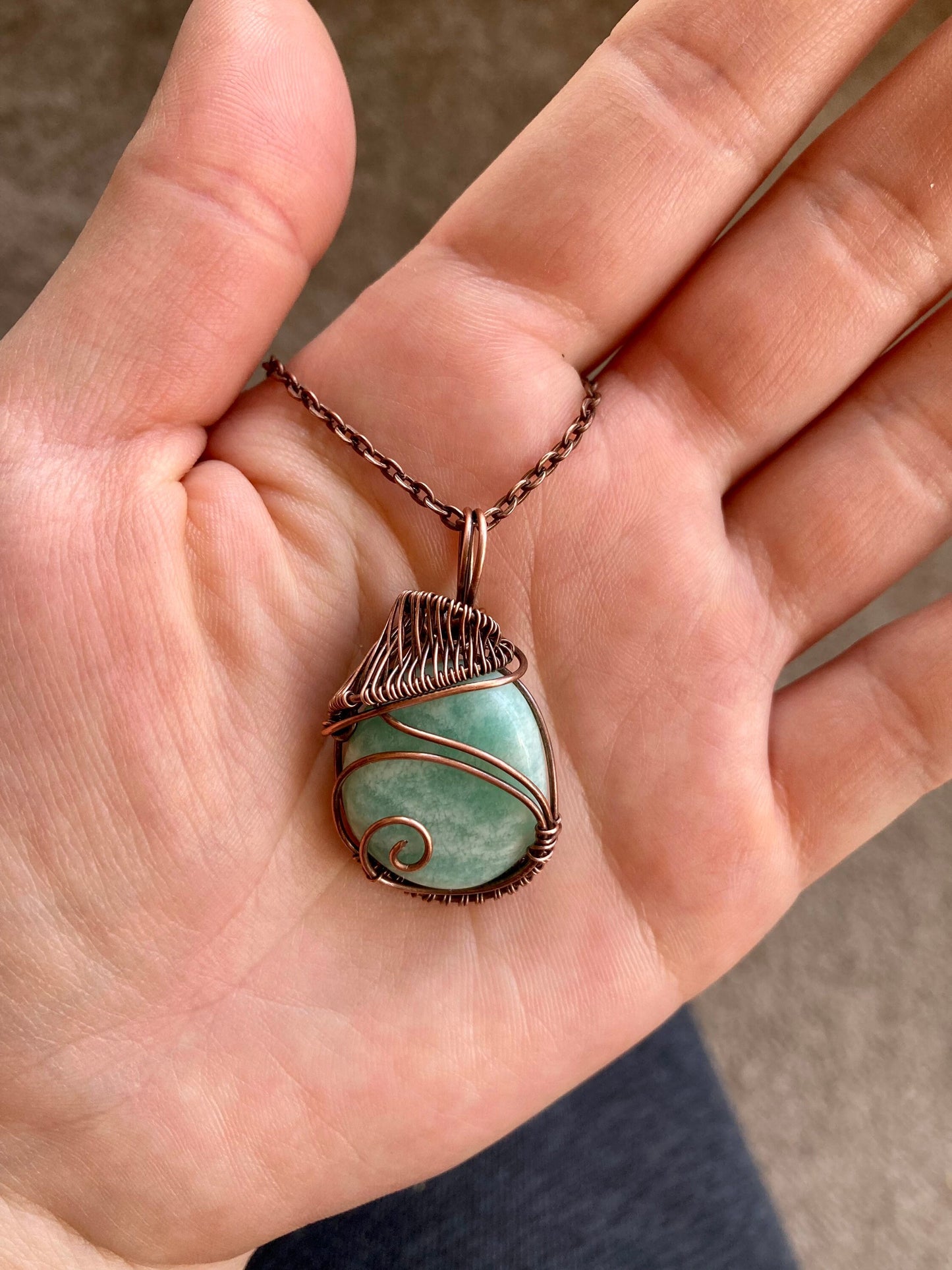 Amazonite pendant handmade necklace wire wrapped natural stone with 18 inch length chain